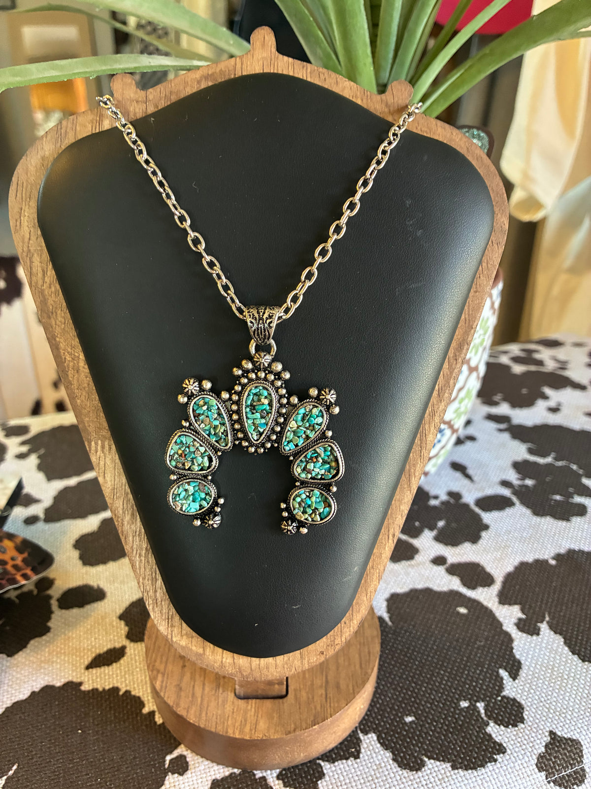 Squash Blossom Crushed Turquoise Stone Pendant Necklace