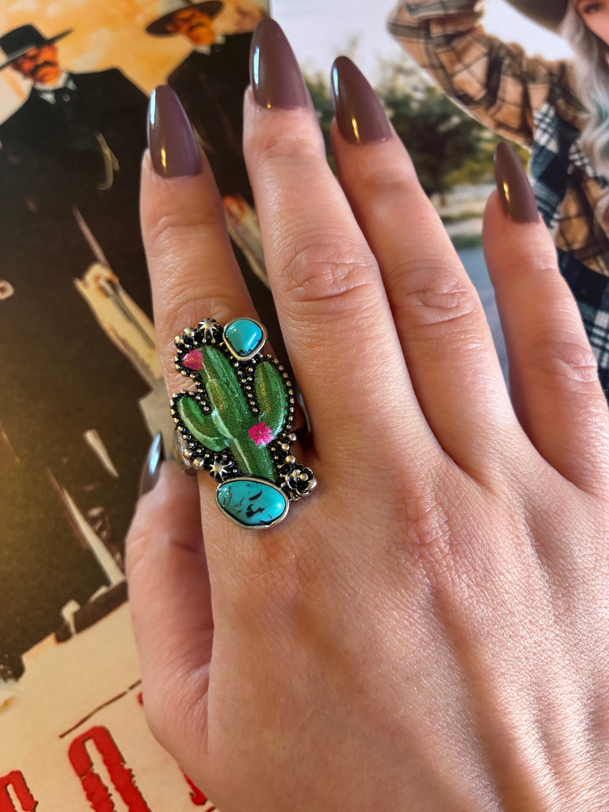 Western Pendant Stretch Ring - Cactus