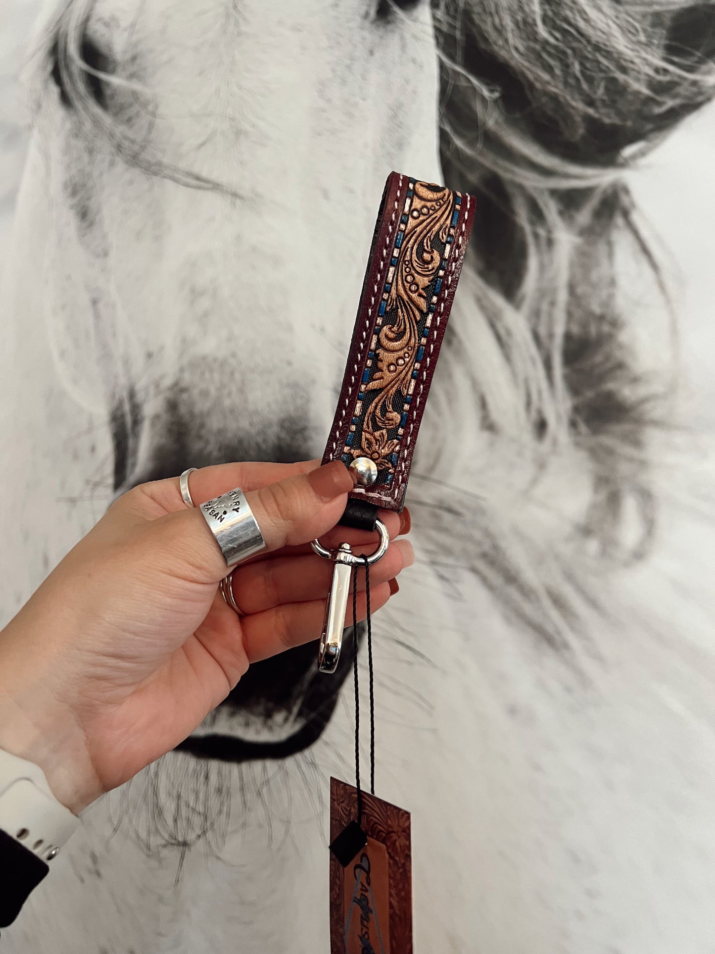 Tooled Leather Western Blue Floral Key Fob