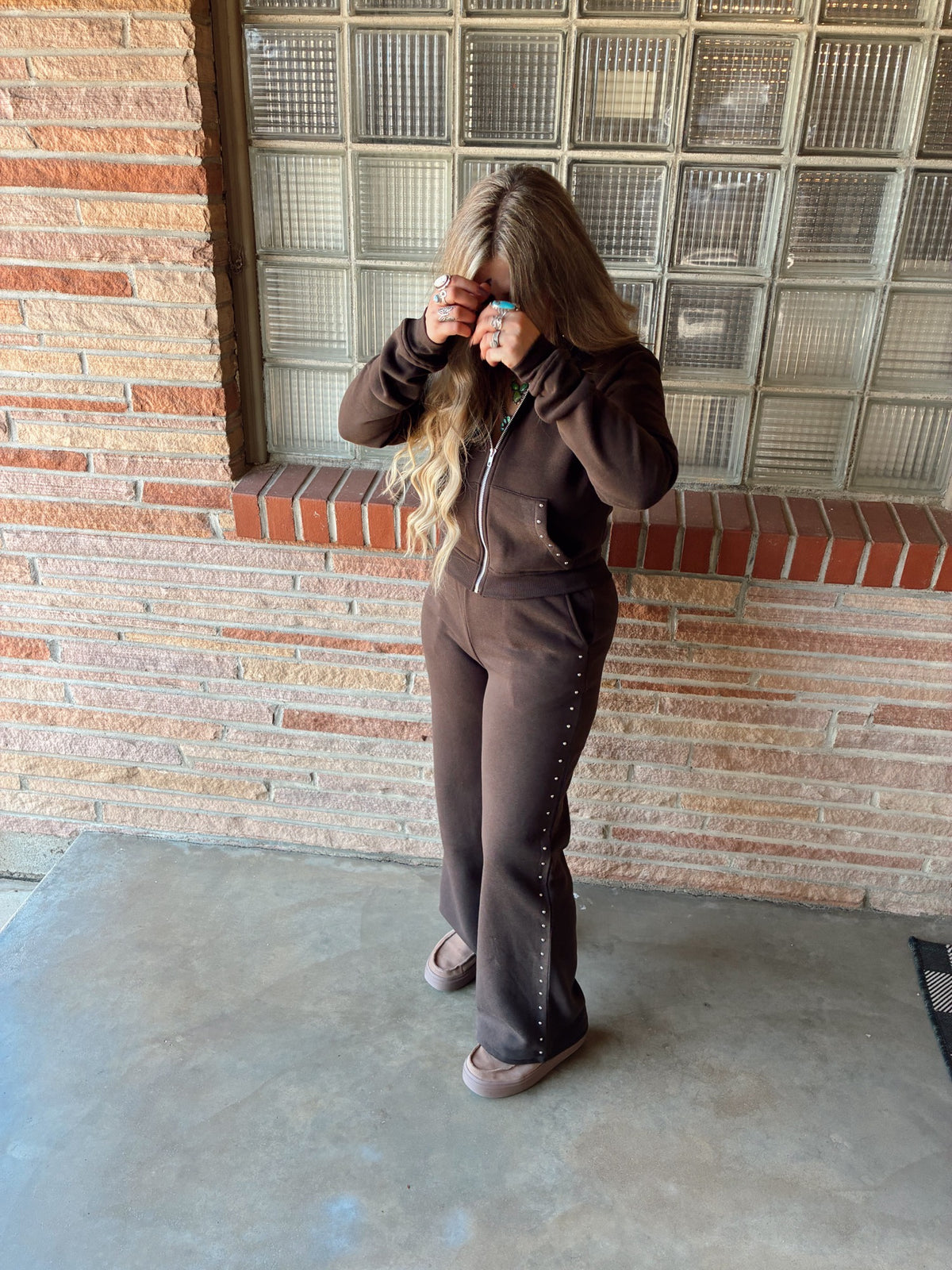 Brown Pocket Stud Point Hoodie & Pants Inner Fleece Terry Set