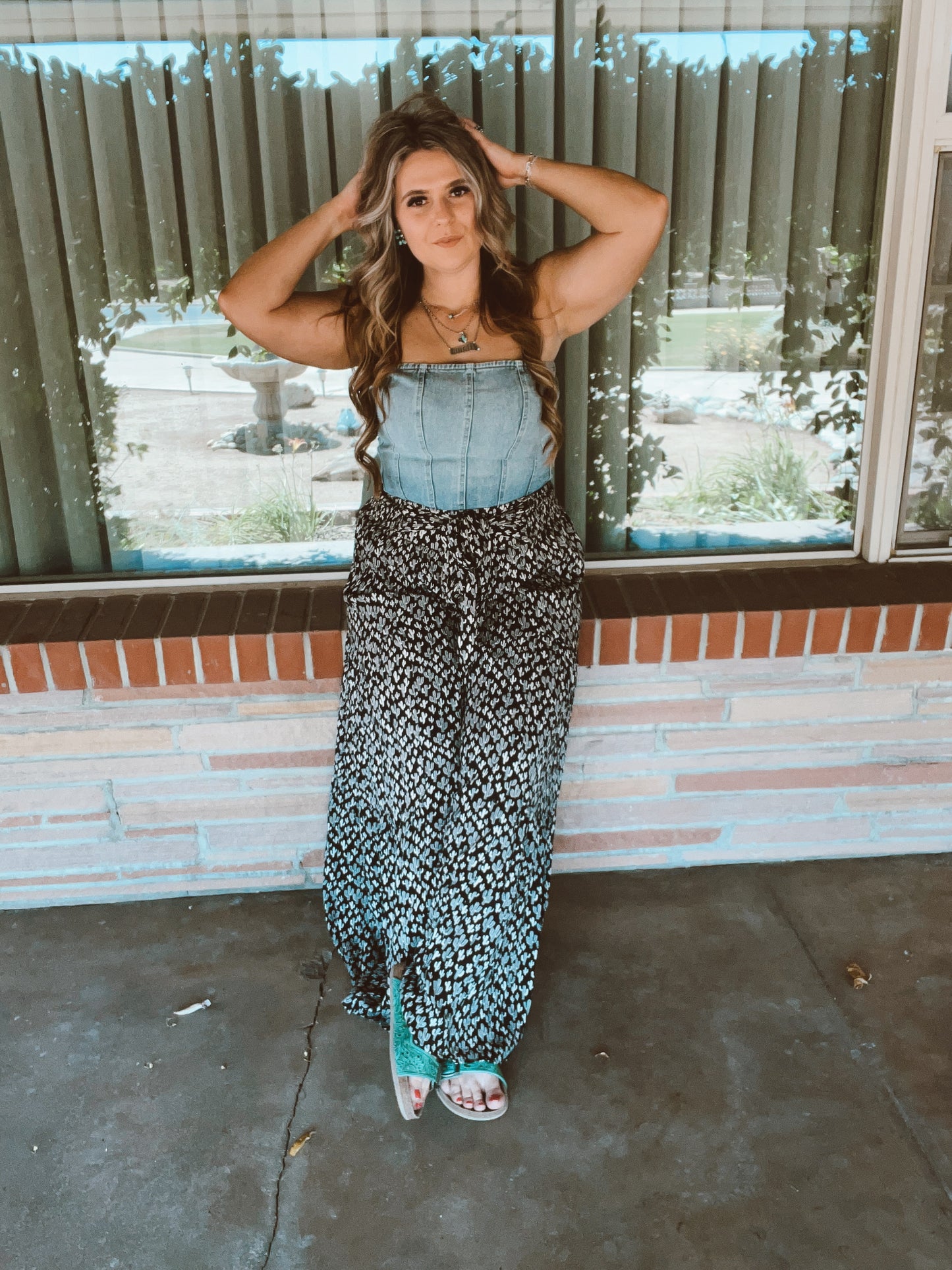 Cactus Print Wide Leg Tiered Pants