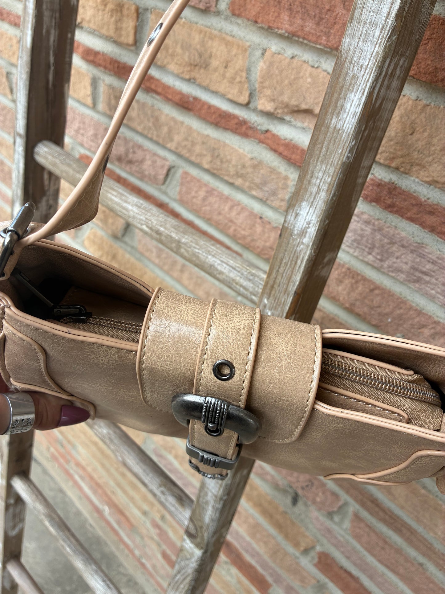 Western Buckle Accent Multi Panel Shoulder Bag - Cream