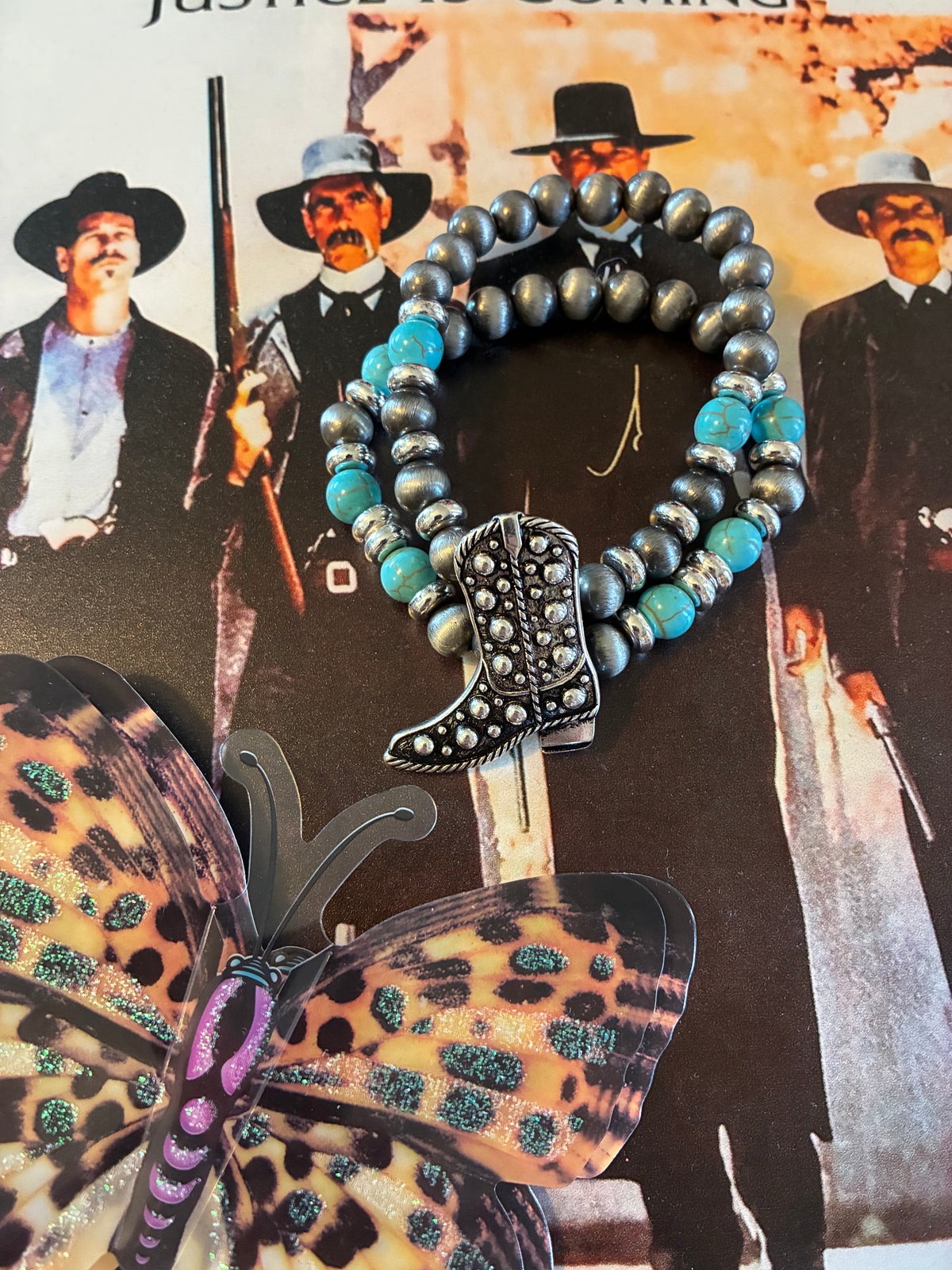 Boots Faux Studded Pendant Navajo Pearl Stretch Bracelet