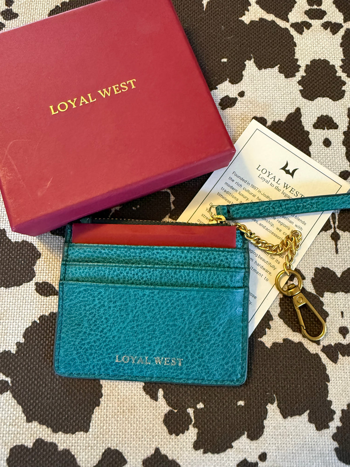 Turquoise Loyal West Sophia Credit Card Holder in Hand Finished Embossed Leather