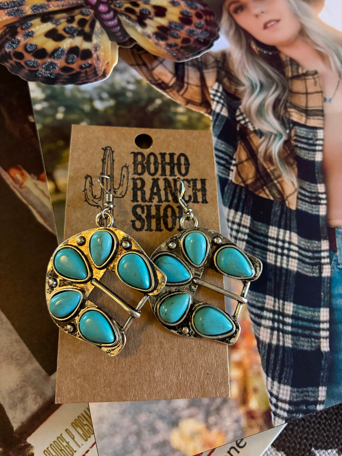 Turquoise 5 stone Buckle Stone Dangle Earrings