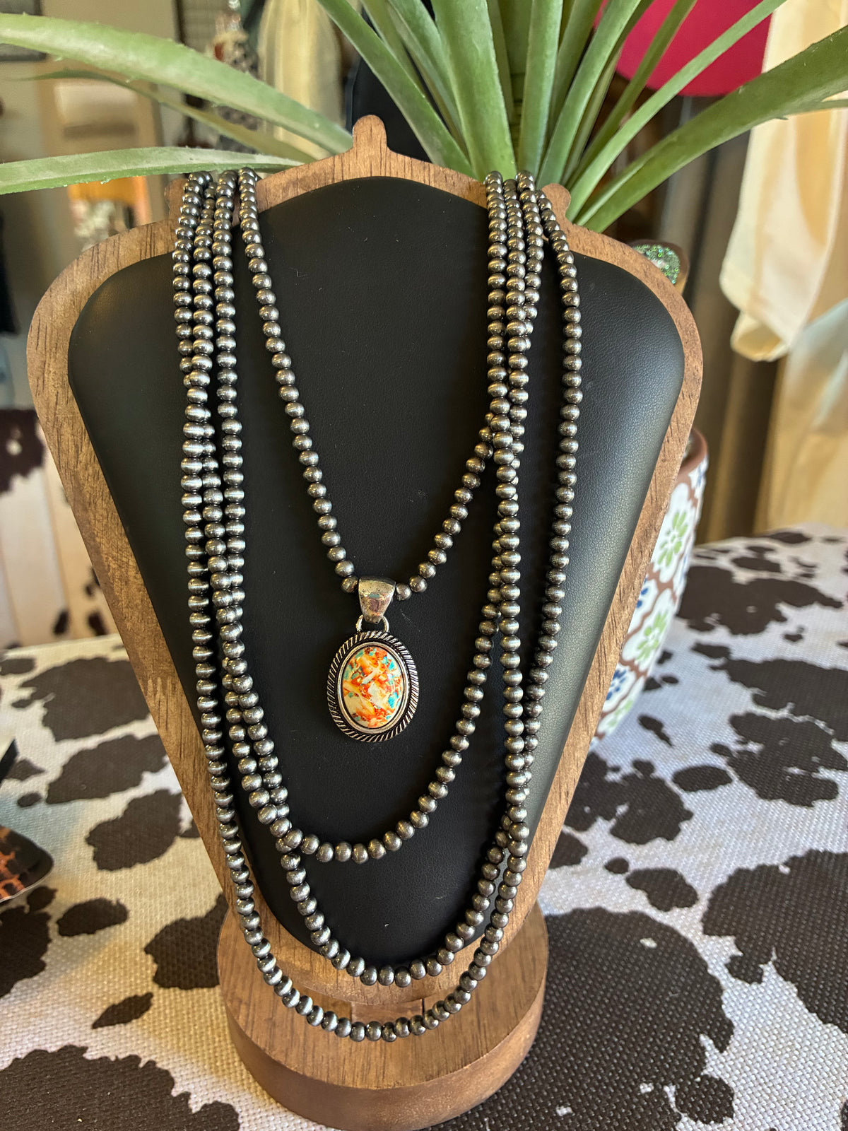 4 Layered 3mm Navajo Pearl Orange Stone Pendant Necklace (Copy)