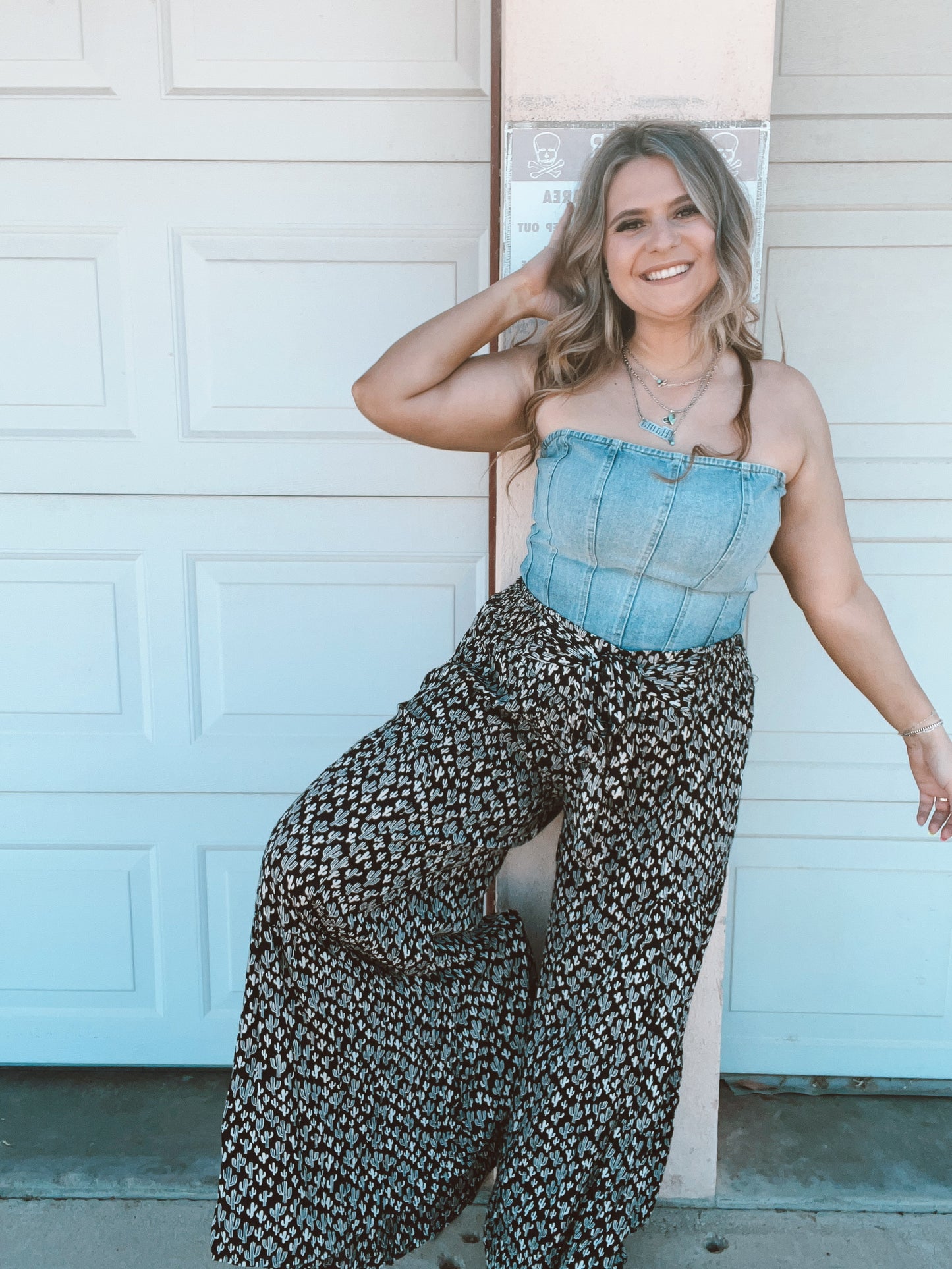 Cactus Print Wide Leg Tiered Pants