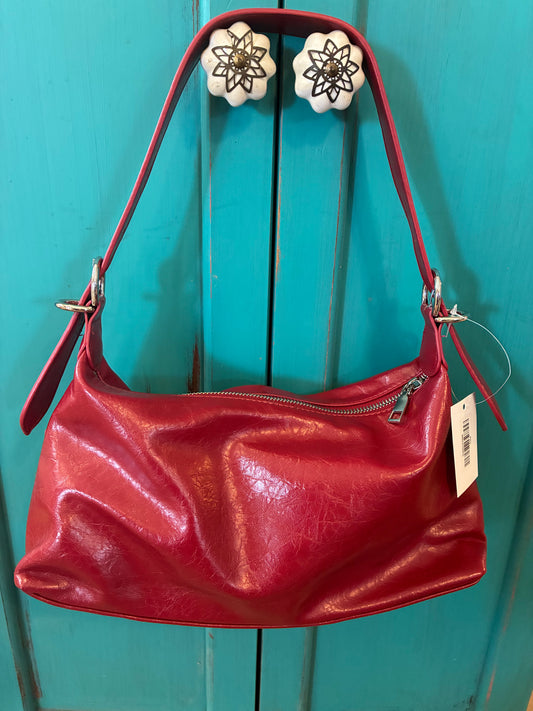Studded Western Buckle Vegan Leather Shoulder Bag - Red