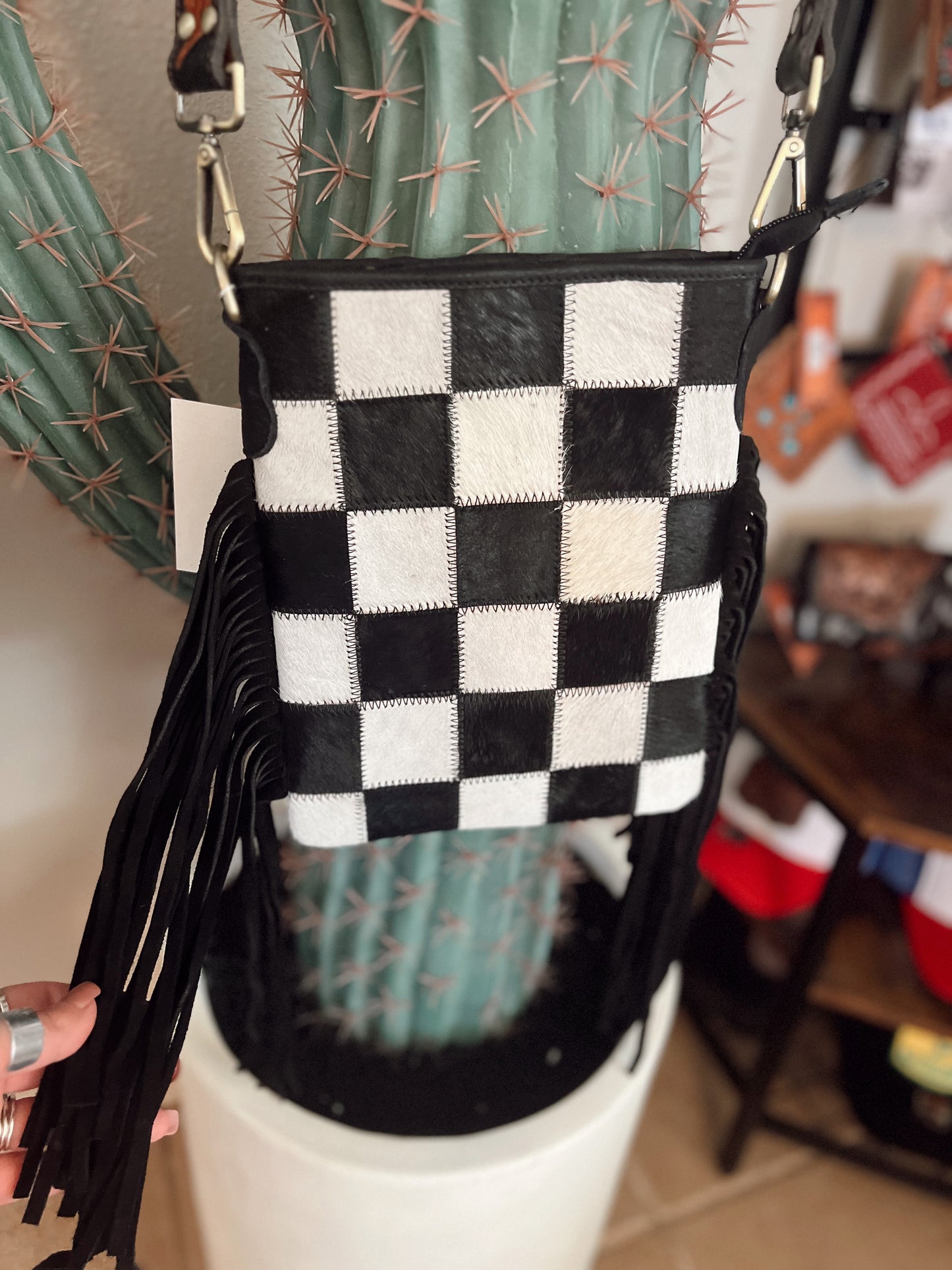 Checkered Cowhide Fringe Crossbody