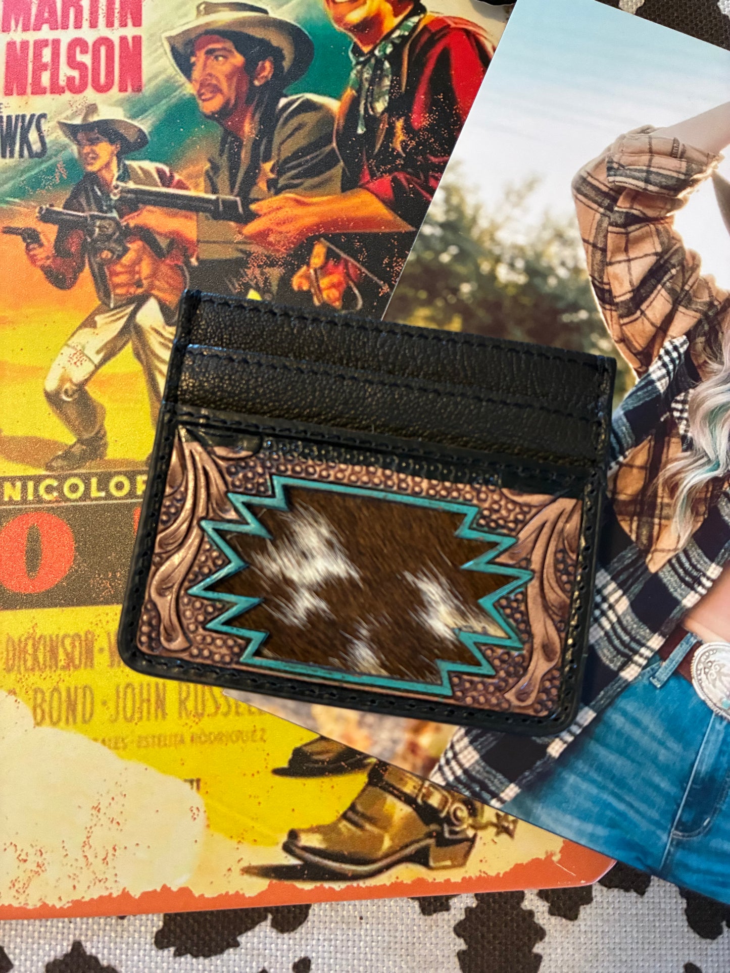 Western Tooled Aztec Cut Genuine Leather Card Holder - black