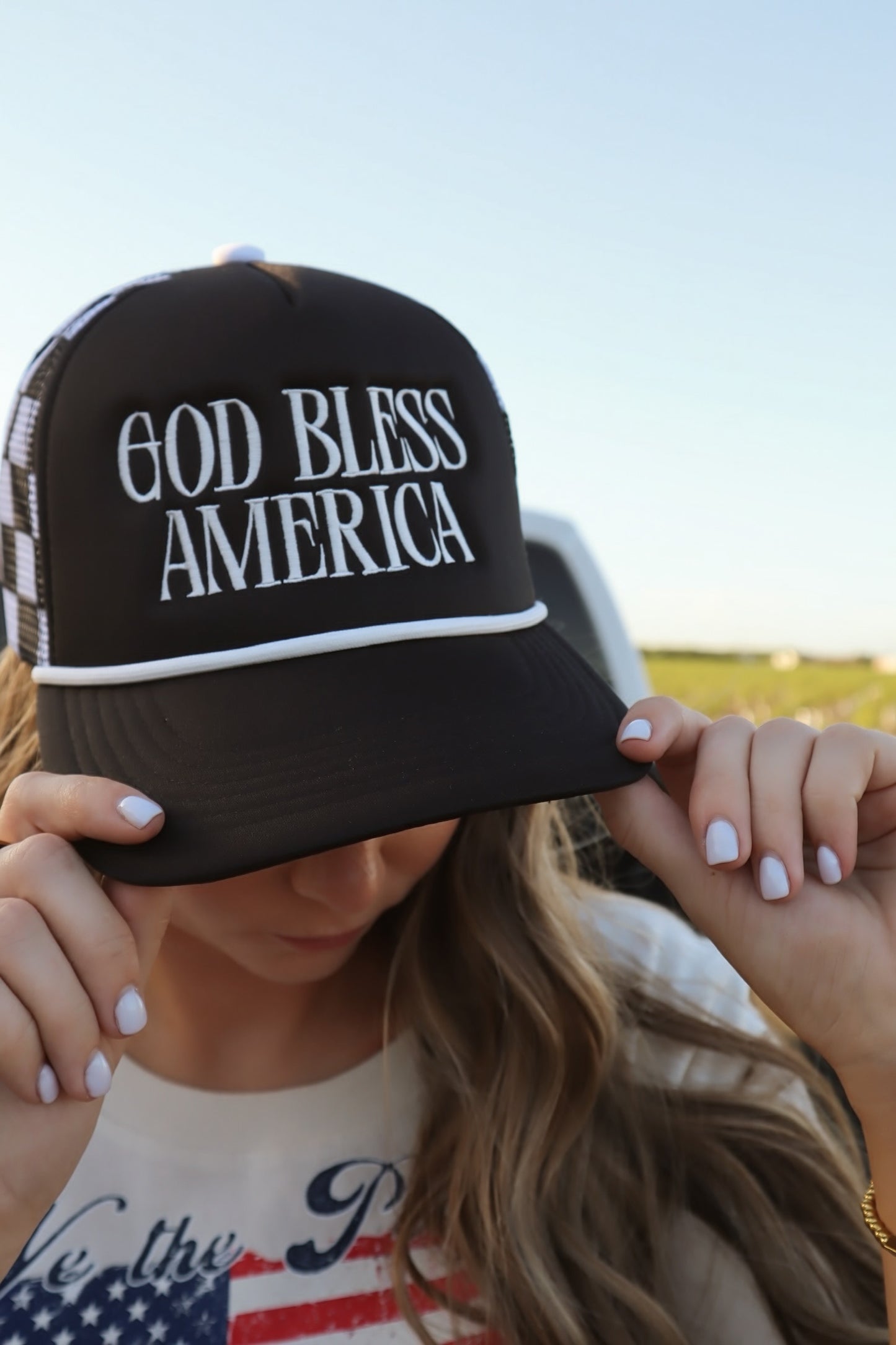 God Bless America Checkered Foam Trucker Hat