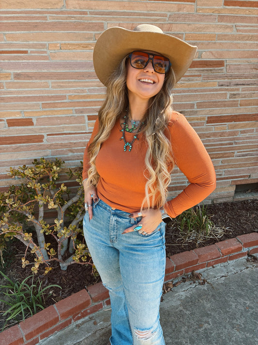 Apricot Orange Long Sleeve Crew Neck Rib Crop Knit Top
