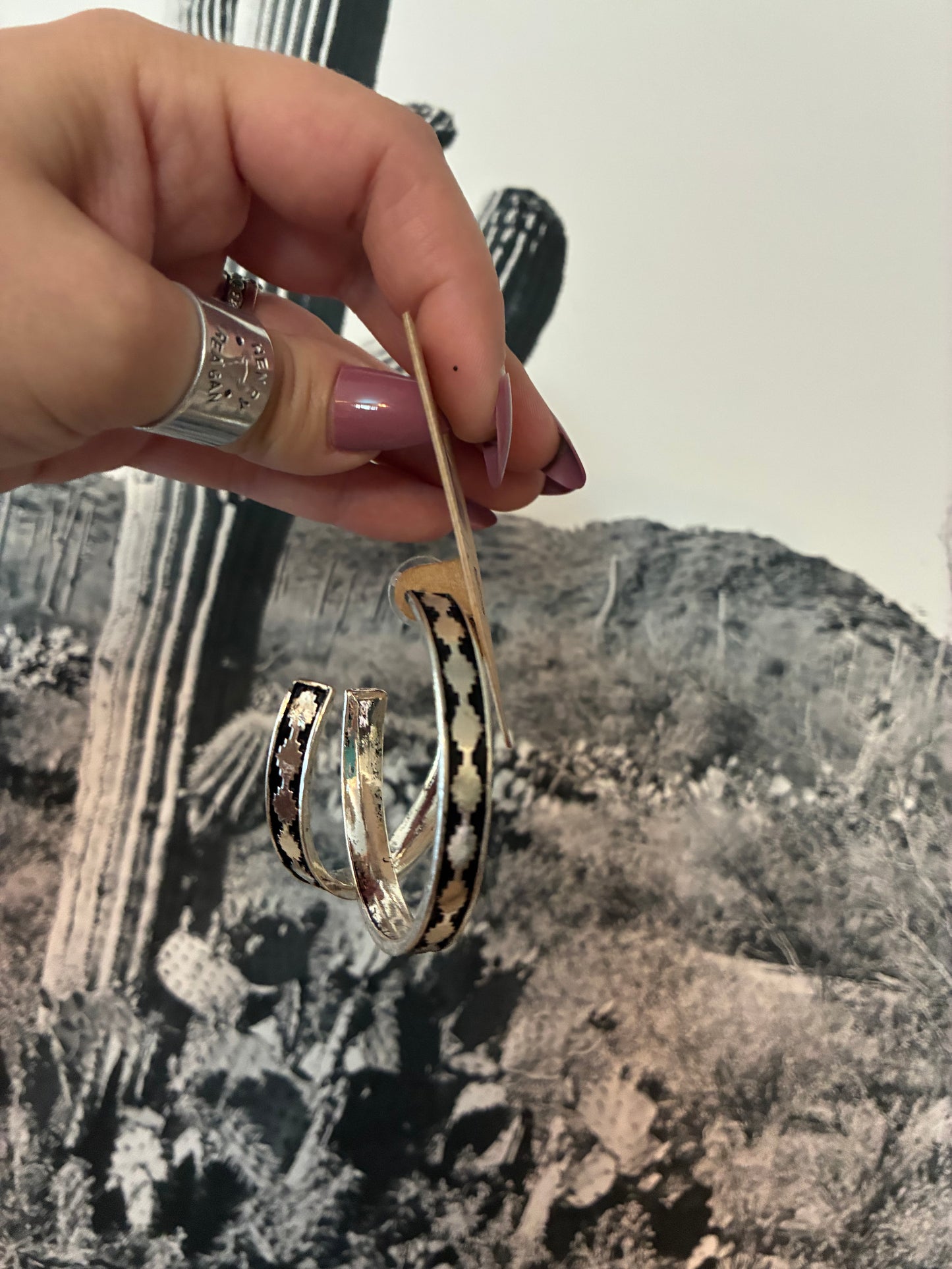 Western Large Hoop Earrings - black with tribal design