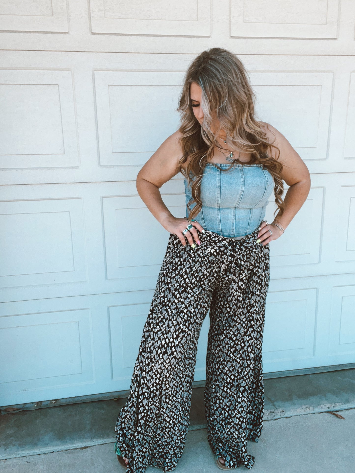 Cactus Print Wide Leg Tiered Pants