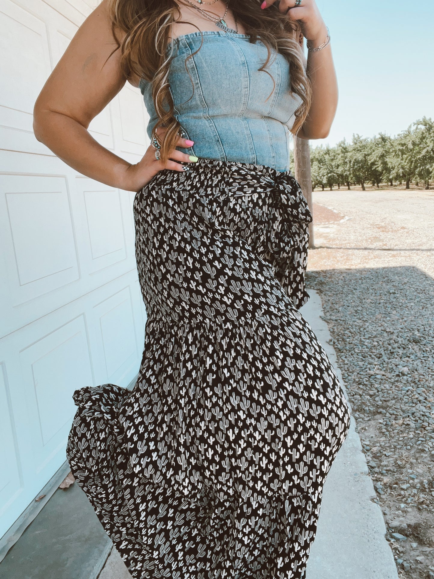 Cactus Print Wide Leg Tiered Pants