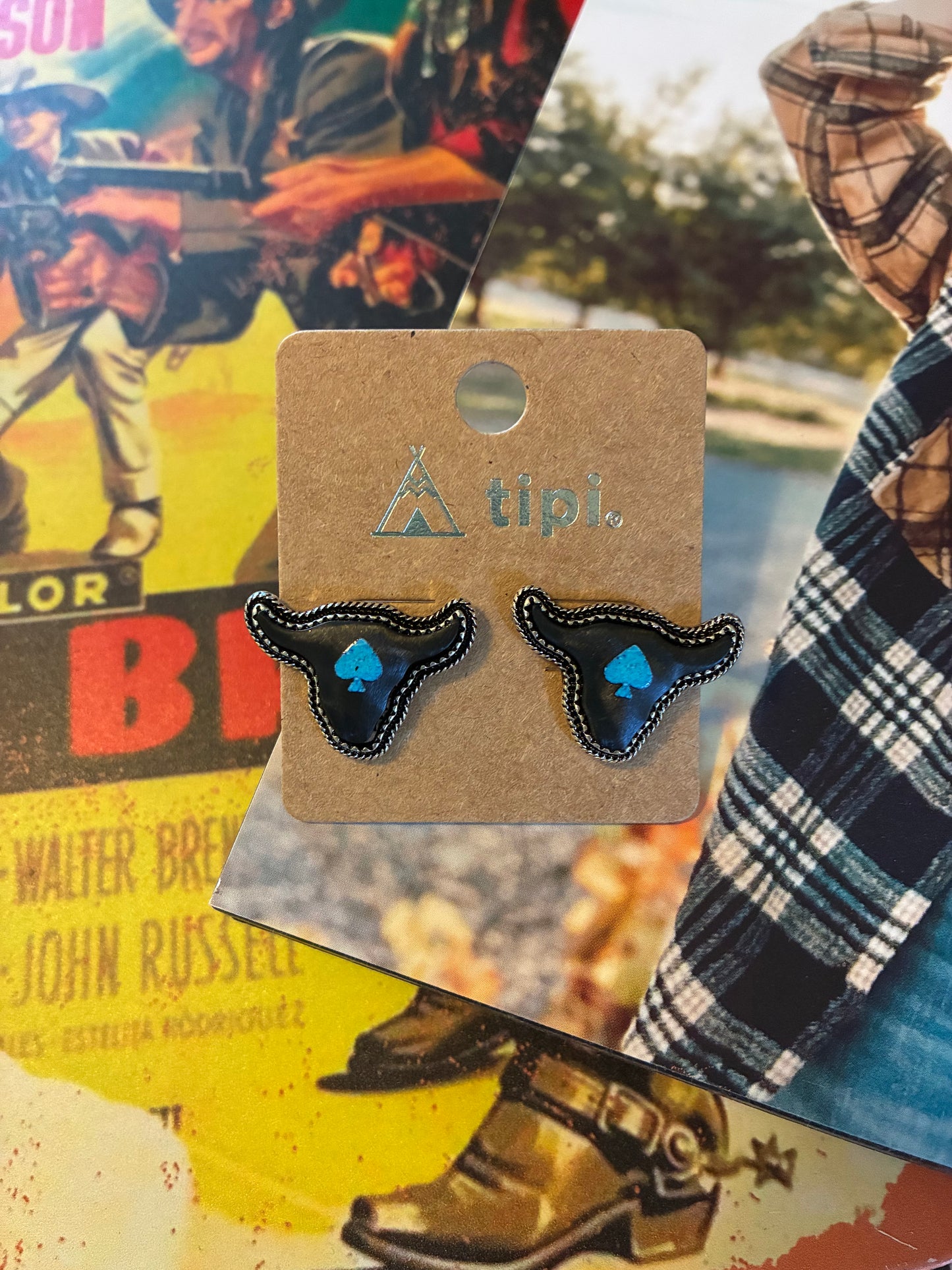 Western Black Cow Head Spade Post Earring