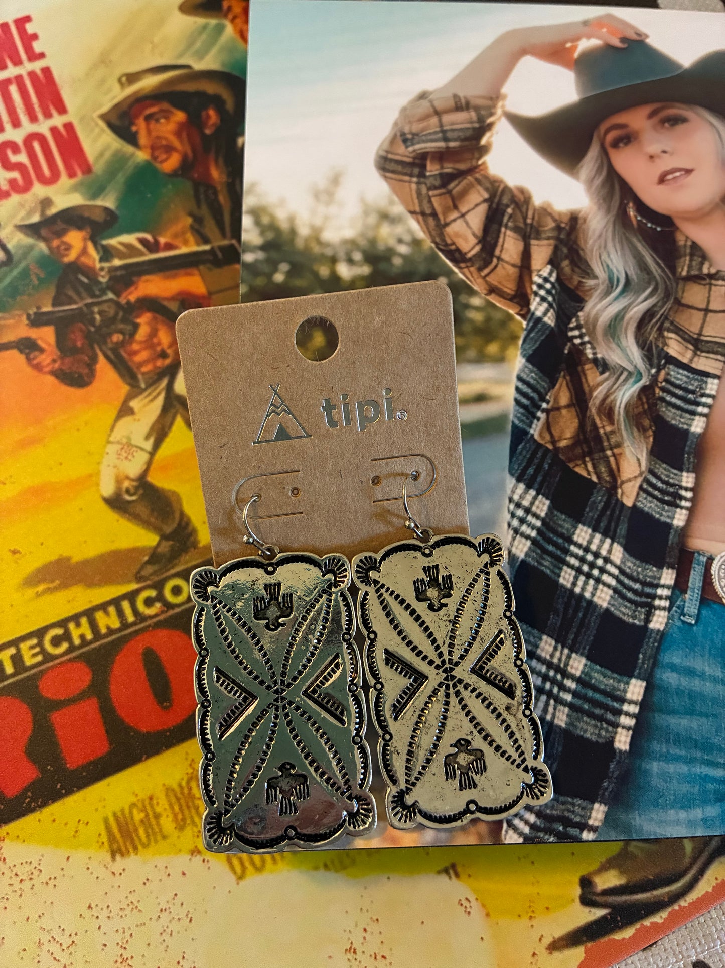 Western Thunderbird Rectangle Concho Earrings
