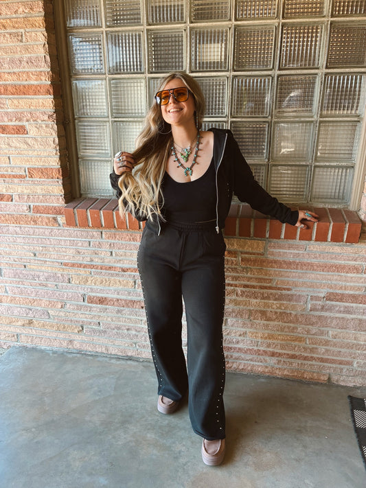 Black Pocket Stud Point Hoodie & Pants Inner Fleece Terry Set