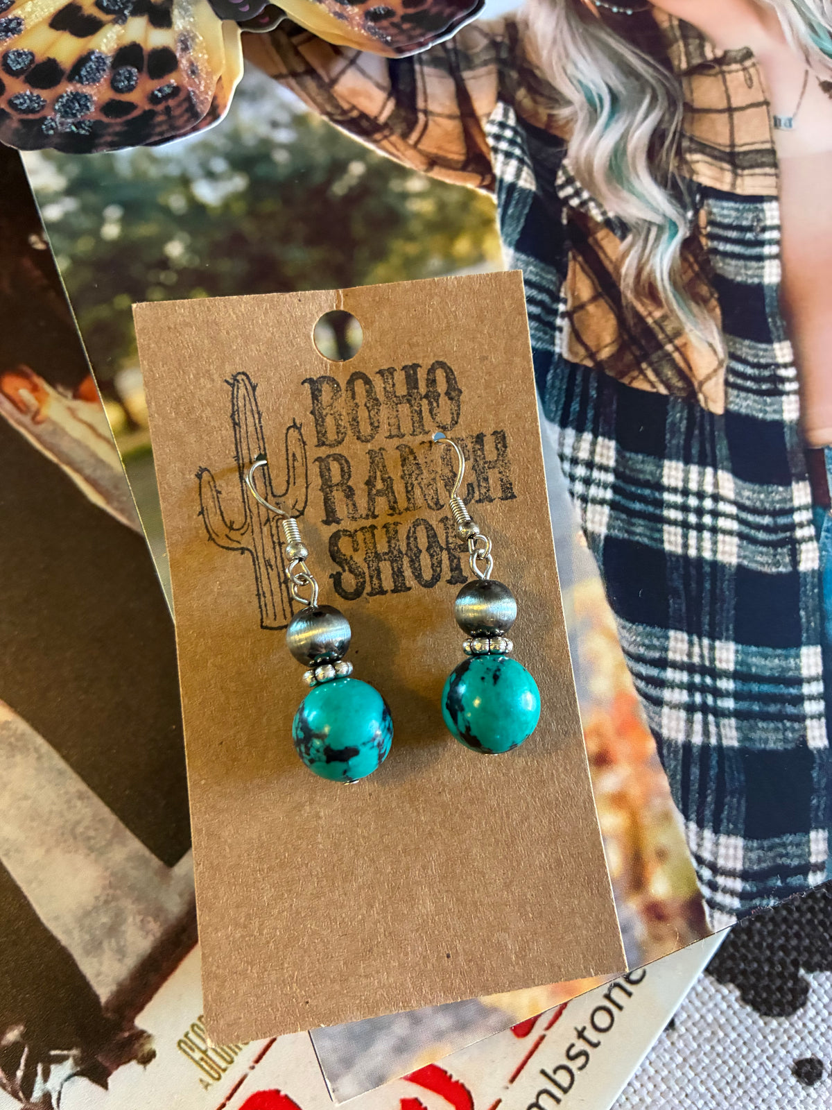 2 Bead Small Western Navajo Pearl & Turquoise Stone Dangle Earrings