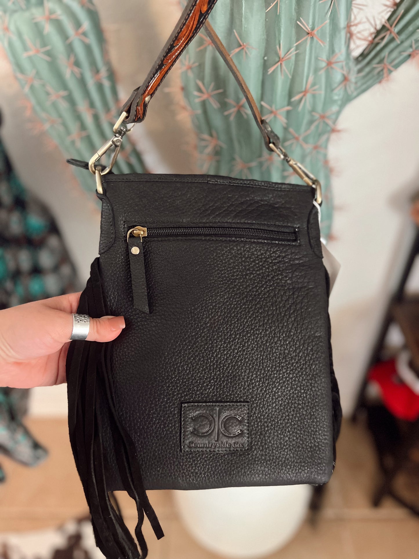 Checkered Cowhide Fringe Crossbody