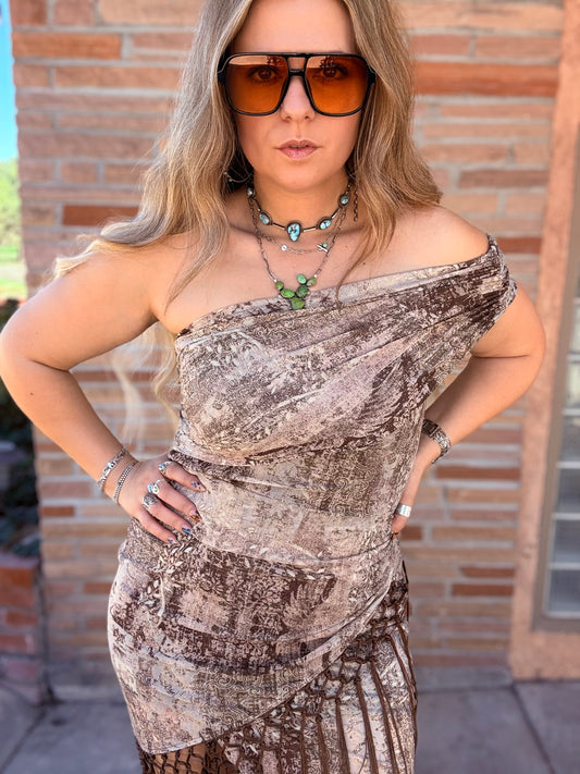 Off shoulder aztec inspired mesh print dress with fringe