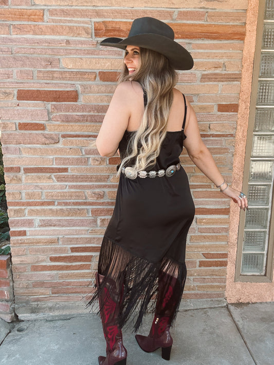 Black Asymmetric Fringed Hem Cami Dress