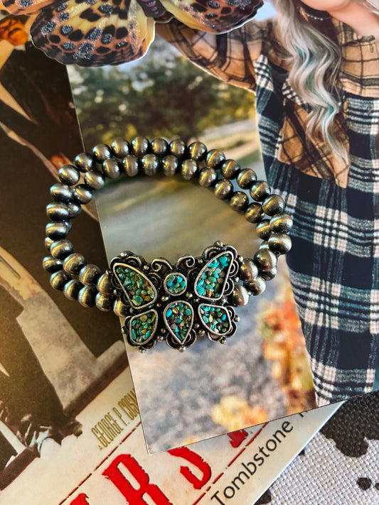 Butterfly Navajo Pearl Crushed Stone Stretch Bracelet