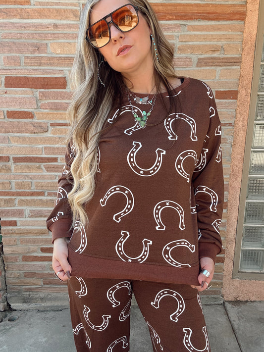 Brown Horseshoe Print Elastic Waist Pocket 2pcs Lounge Pant Set