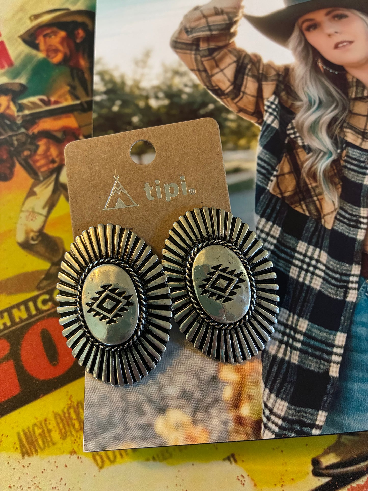 Western Concho Aztec Design Post Earrings