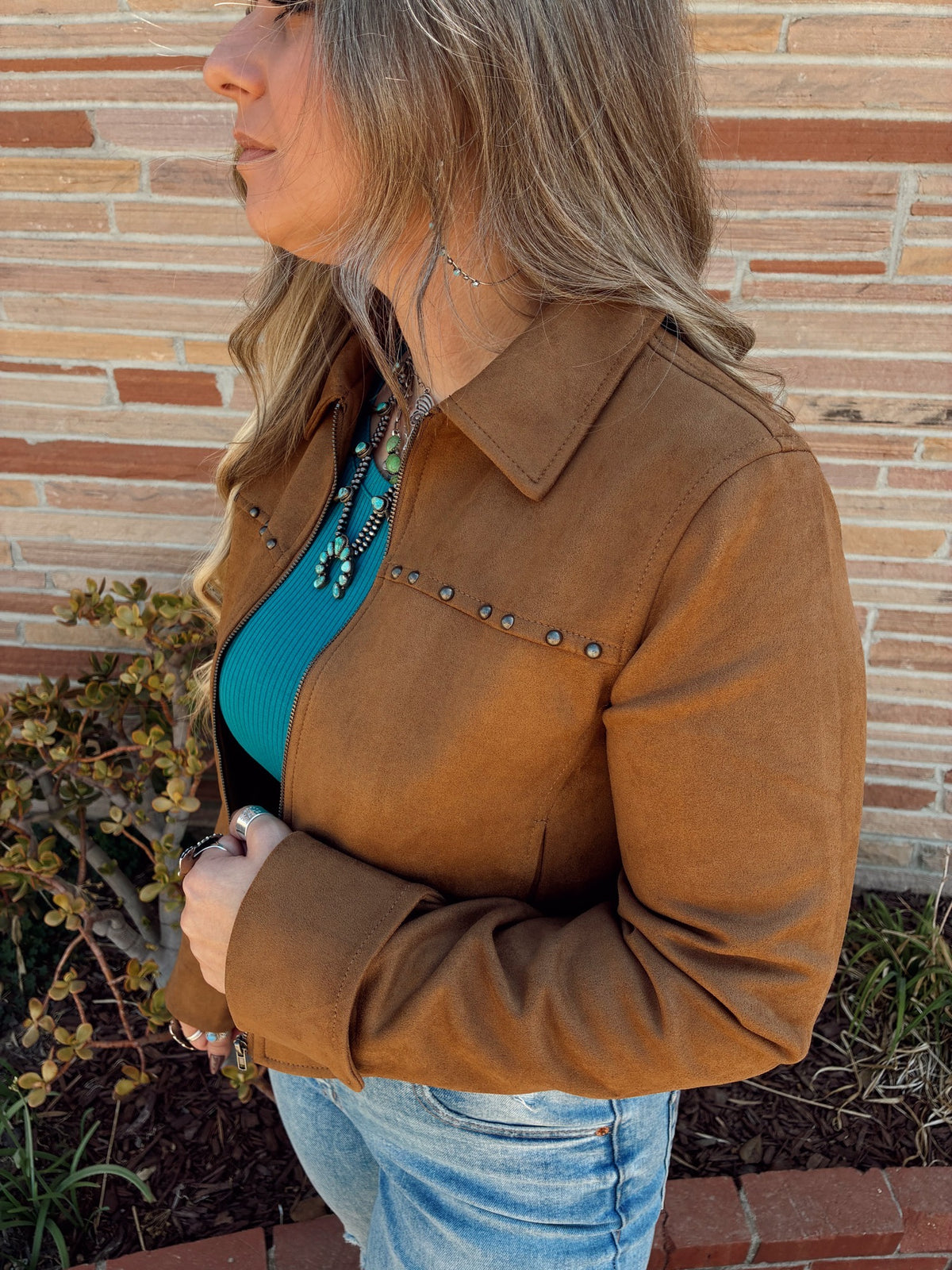 Brown Long Sleeve Faux Suede Jacket with Stud Detail