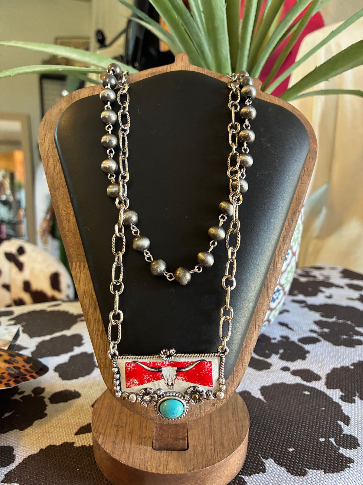 Steer head 2 Layered Navajo Pearl Turquoise Stone Pendant Necklace