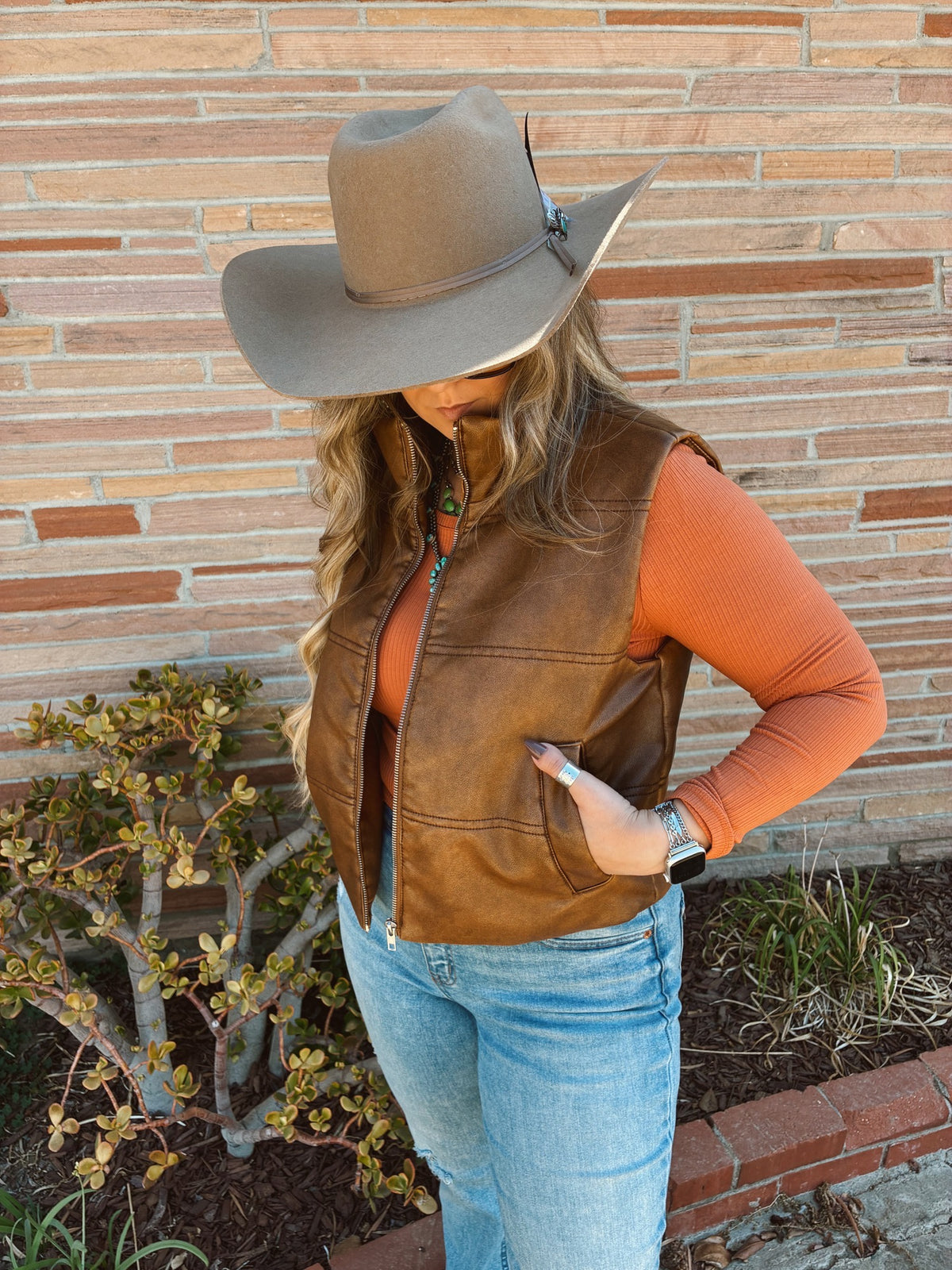 Wash Effect Brown Faux Leather Vest