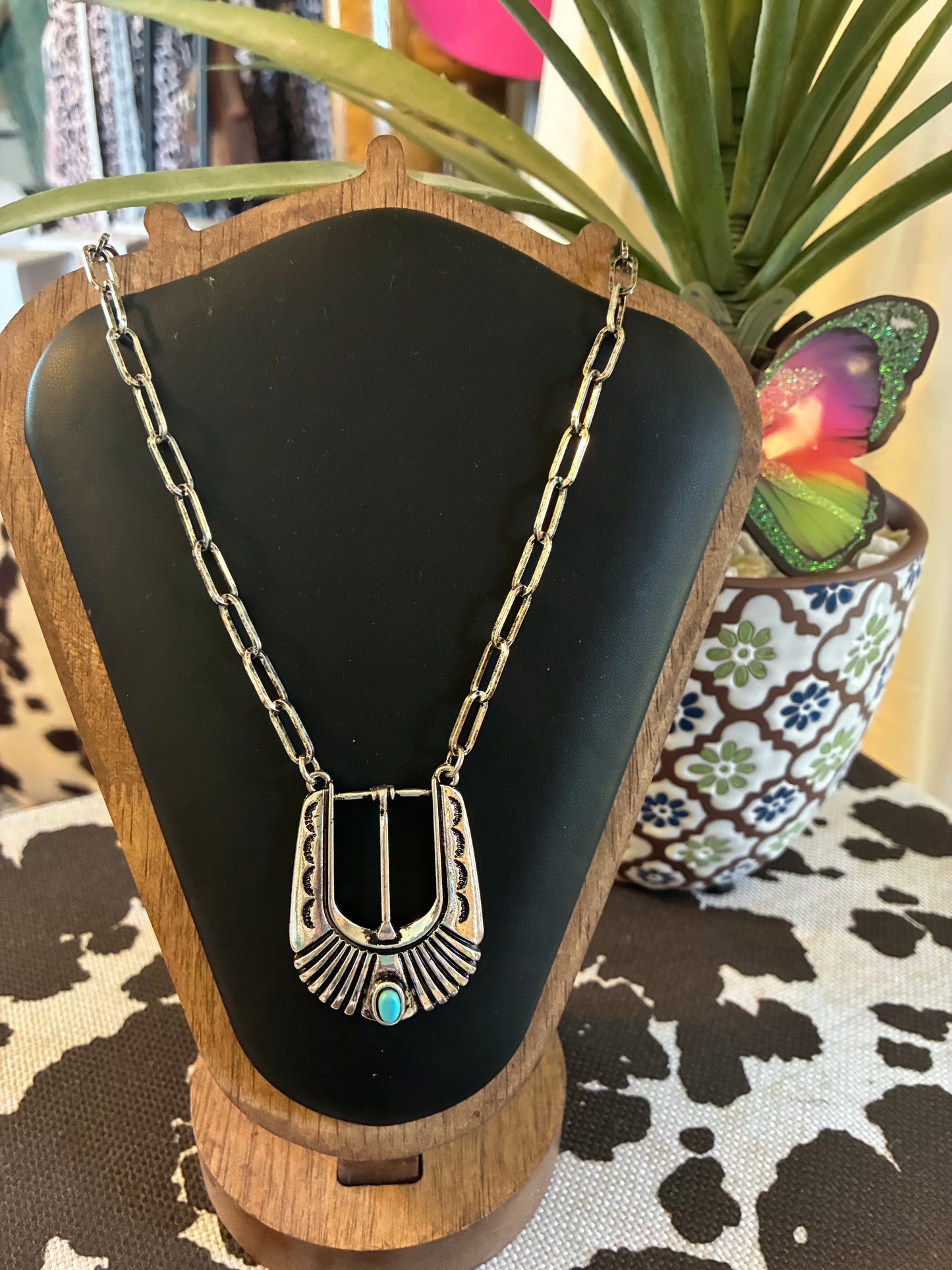Western Belt Buckle Turquoise Stone Necklace