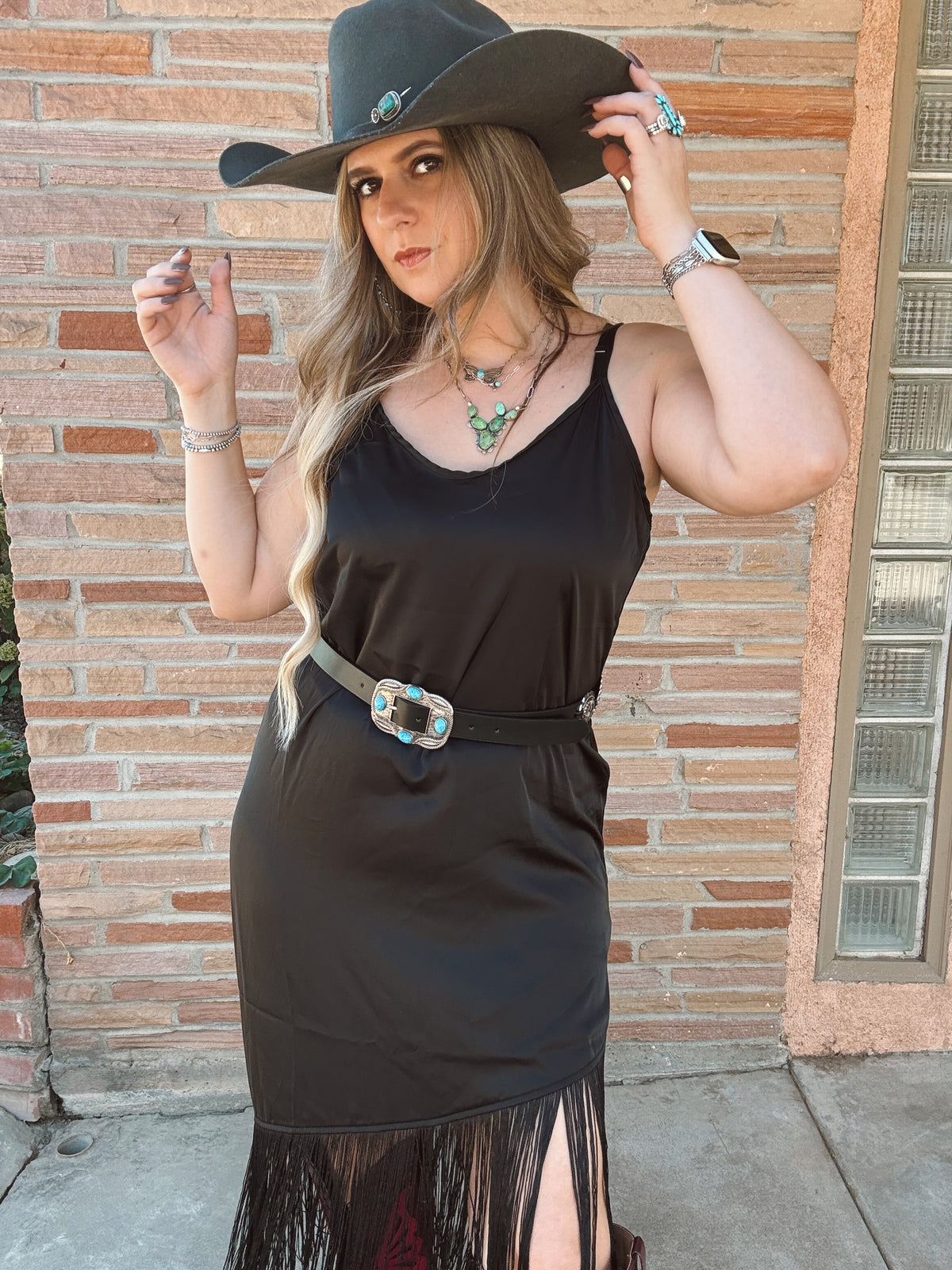 Black Asymmetric Fringed Hem Cami Dress