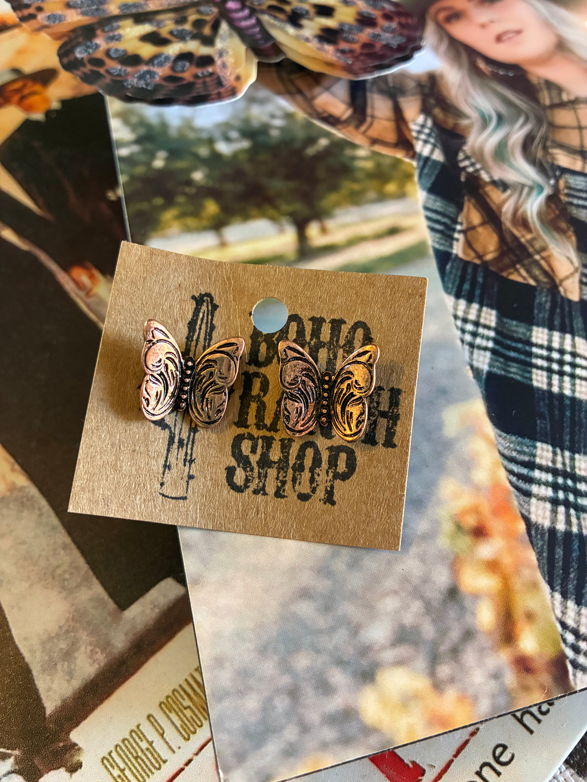 Copper Western Style Butterfly Stud Earrings