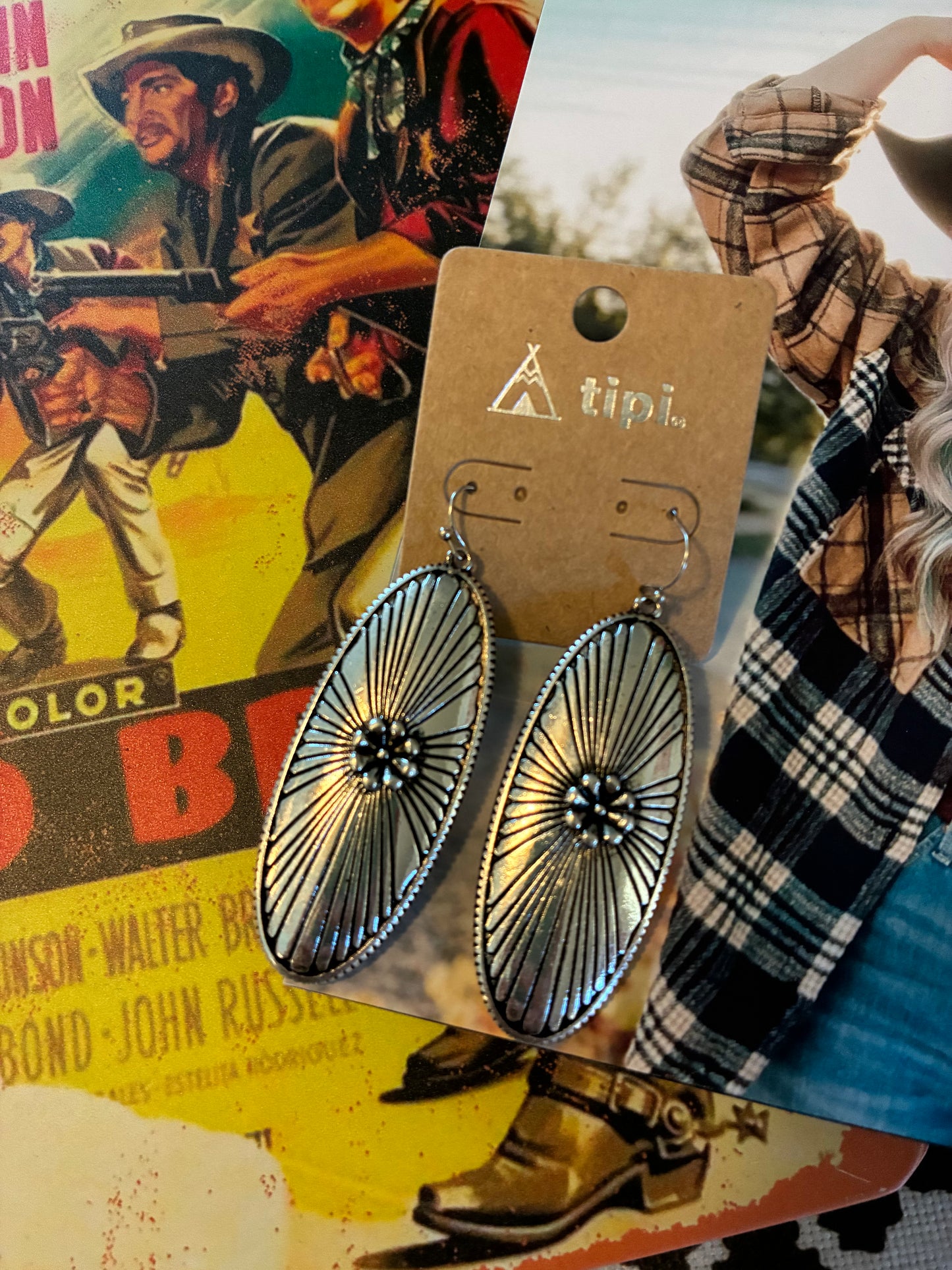 Western Long Oval Concho Earrings