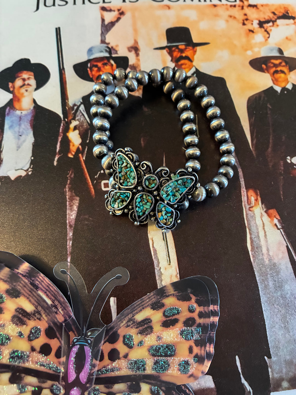Butterfly Faux Navajo Pearl Druzy Stretch Bracelet
