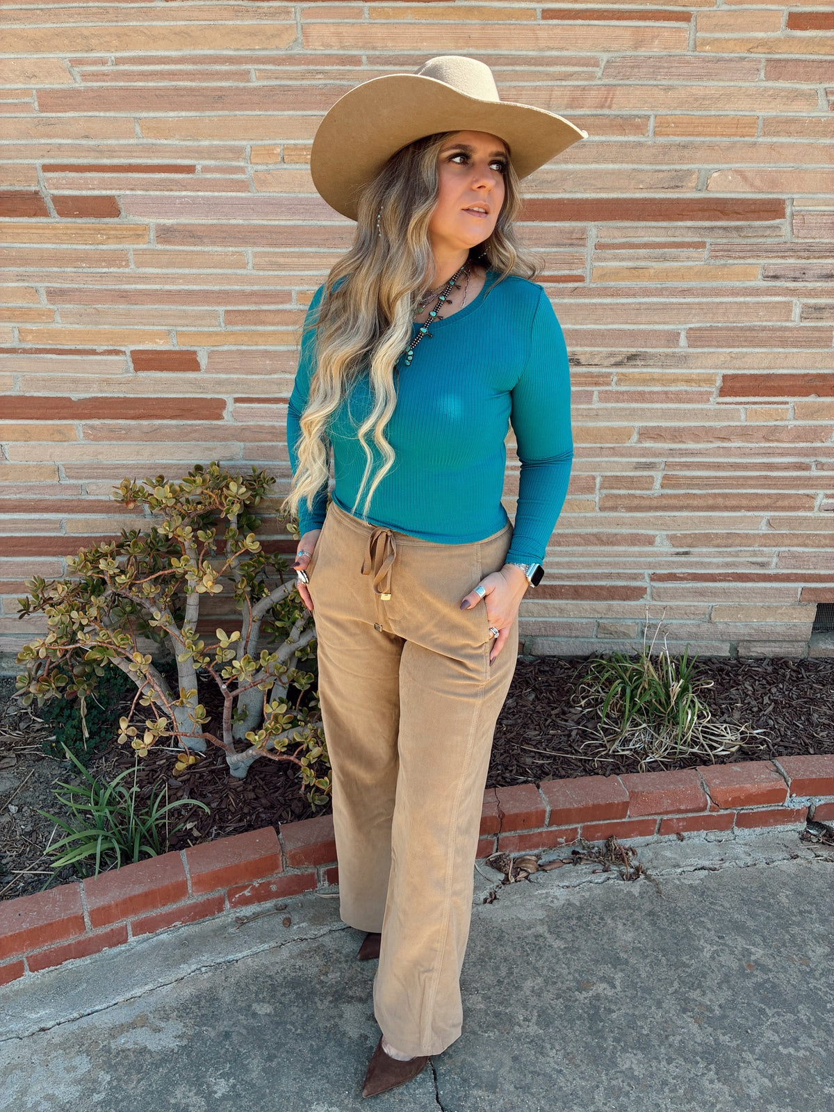 Brown High Waist Wide Leg Suede Touch Twill Pants
