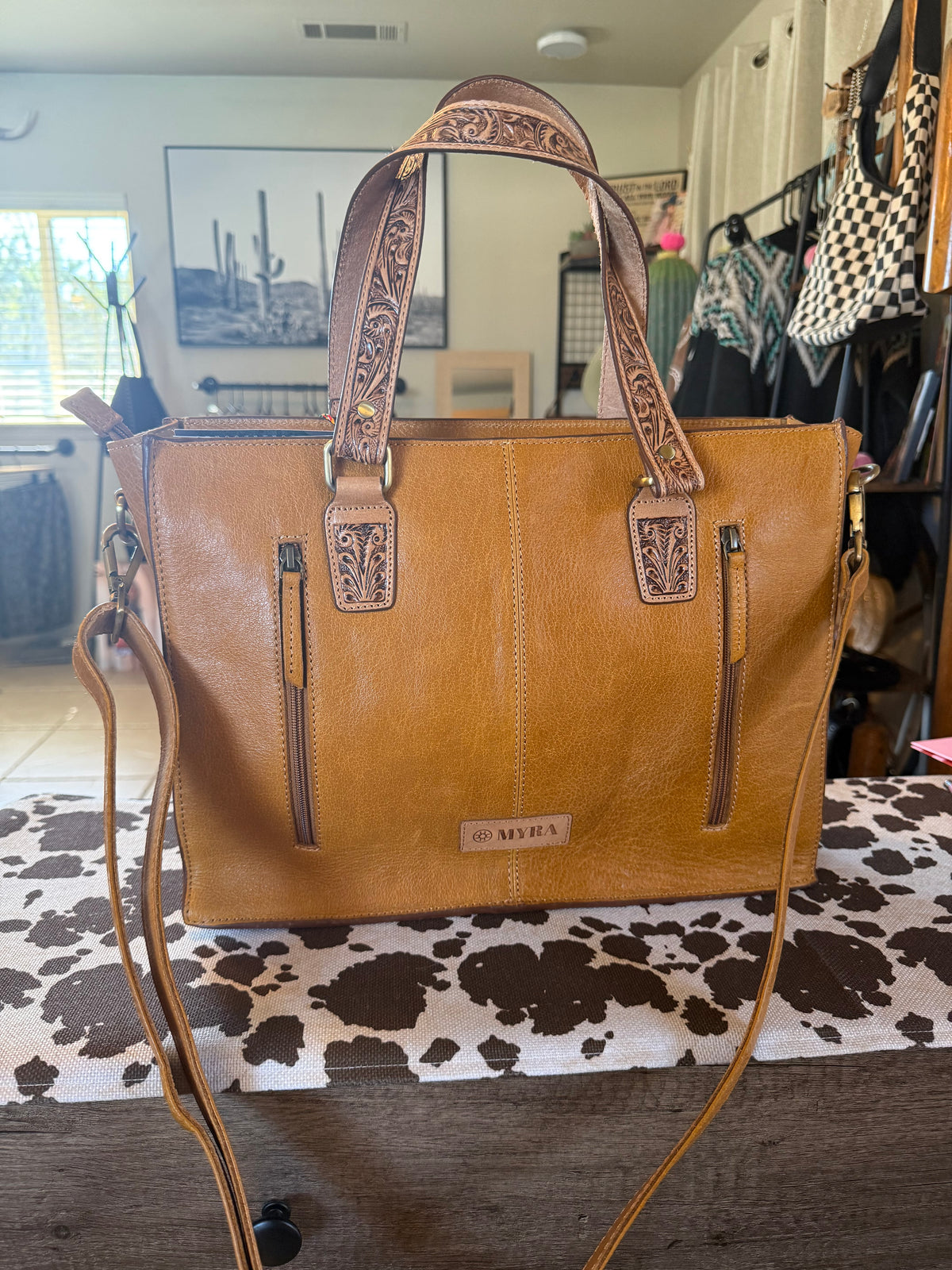 Desert Jewel Handtooled Hairon Leather Concealed Carry Bag in Timber Brown