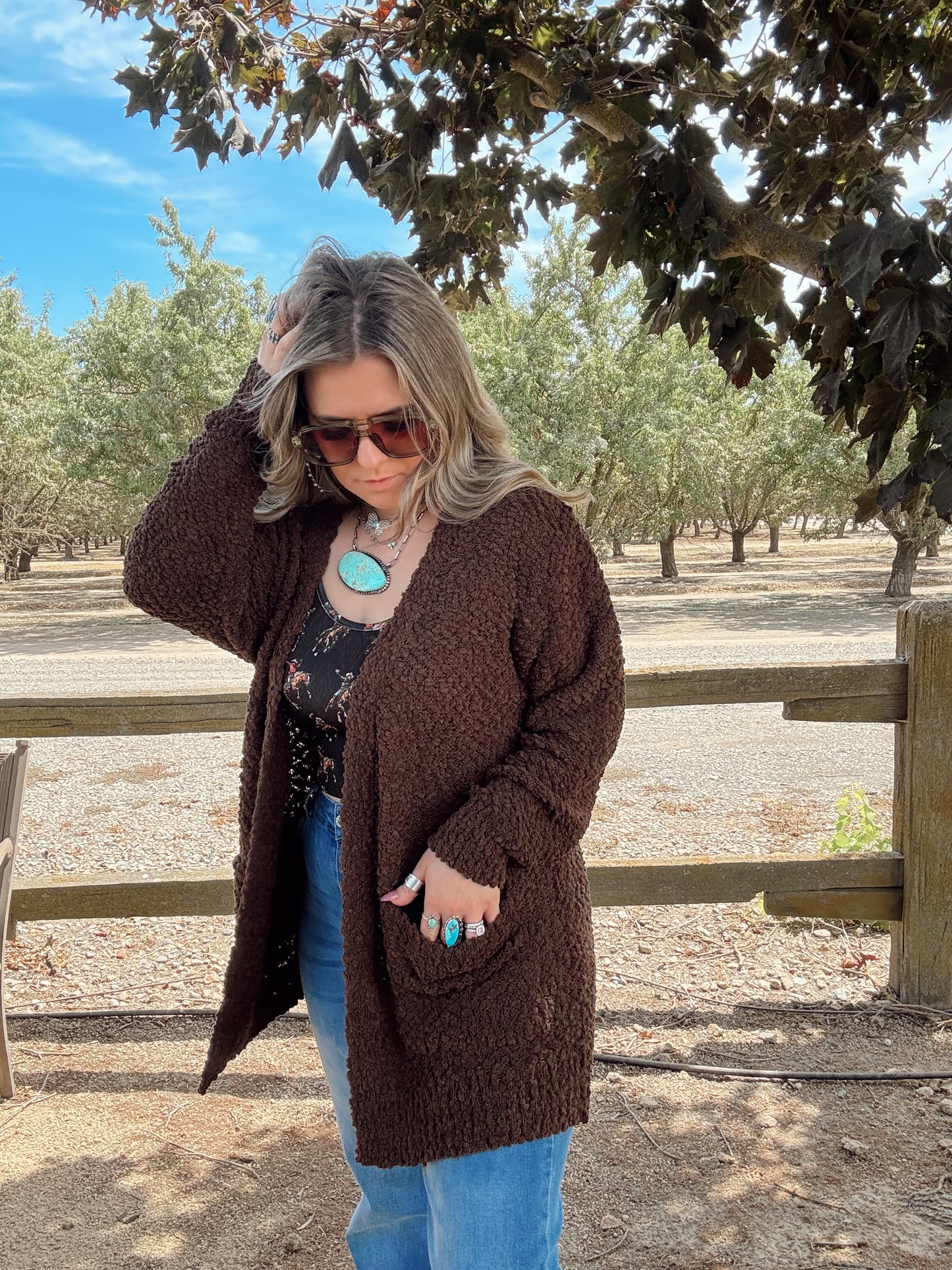 Chocolate Brown Long Sleeve Popcorn Sweater Cardigan with Pockets