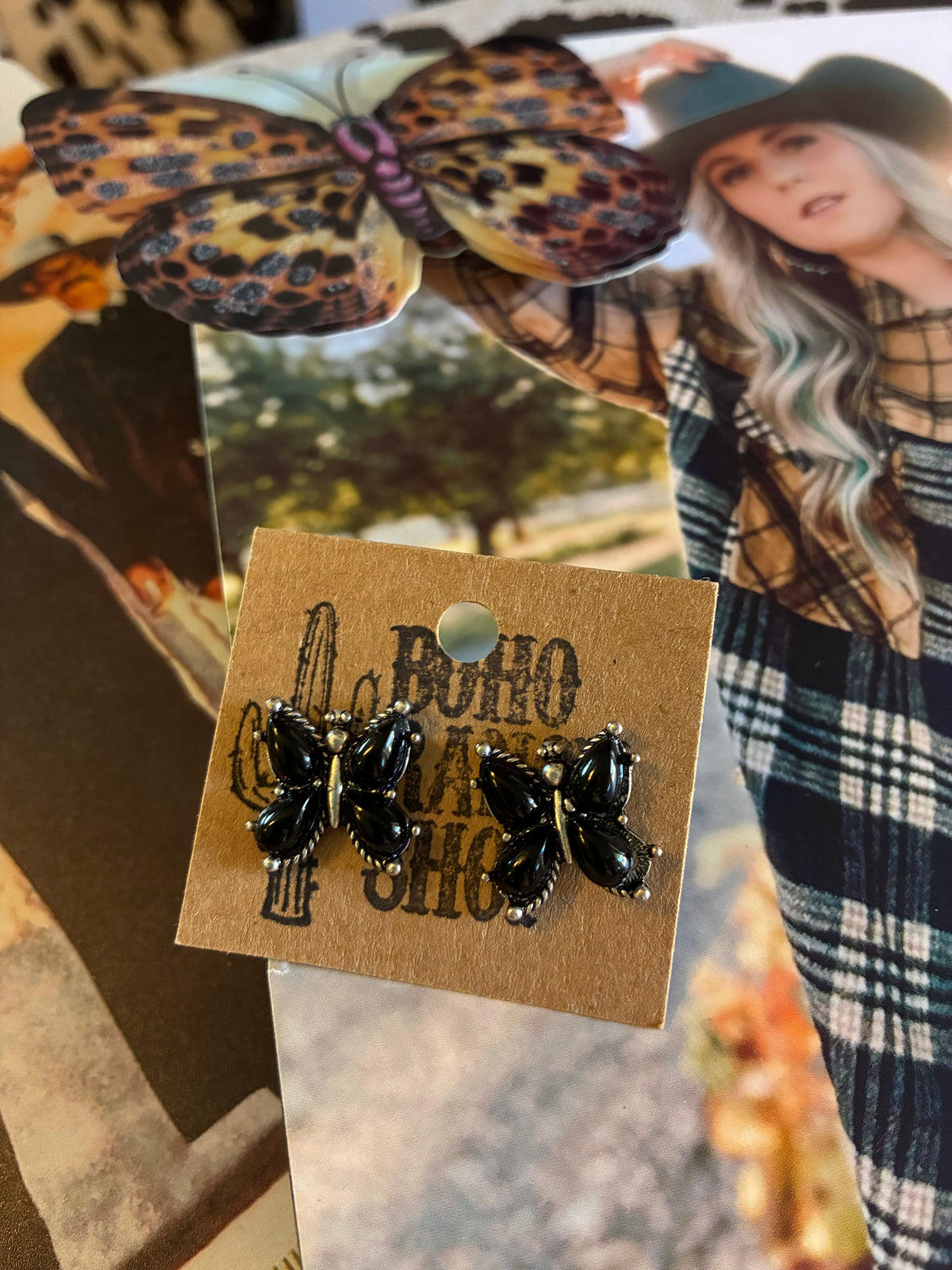 Black Butterfly Stone Stud Earrings