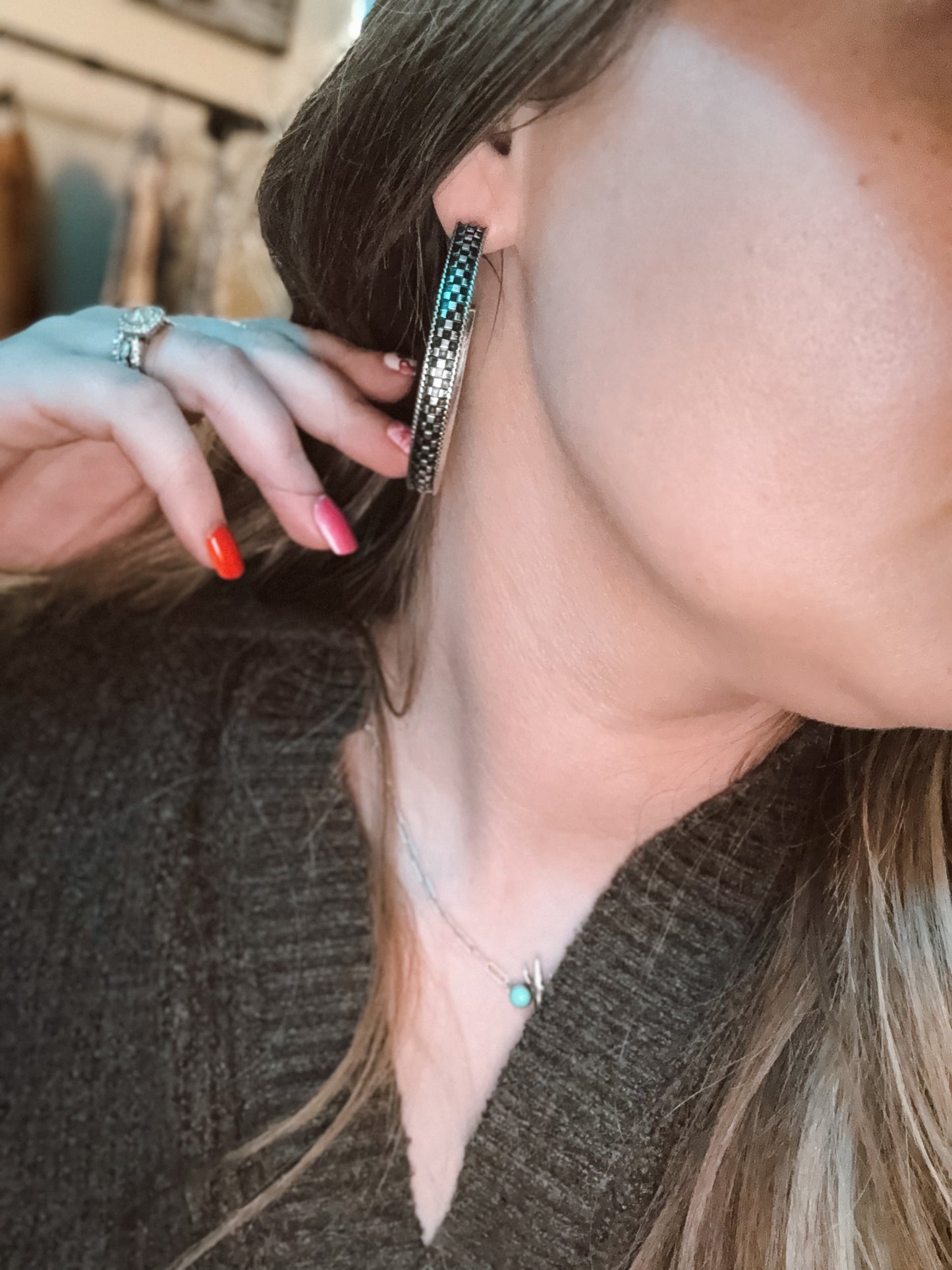 Western Checkered Hoop Earrings