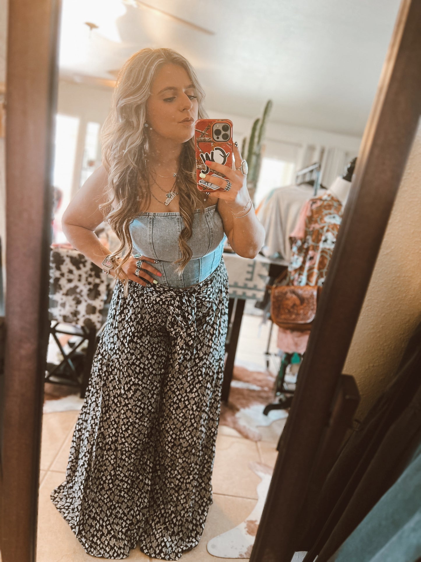 Cactus Print Wide Leg Tiered Pants