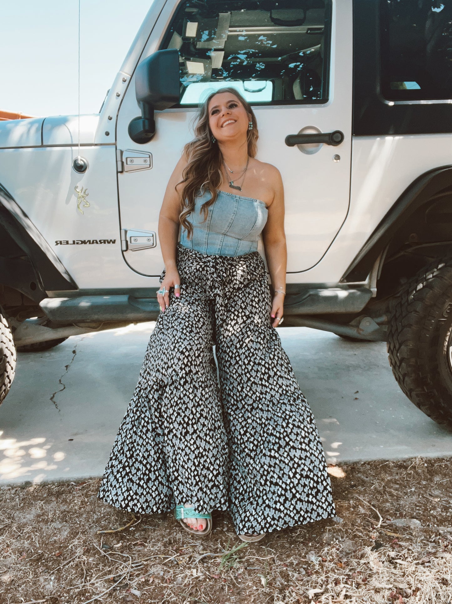 Cactus Print Wide Leg Tiered Pants