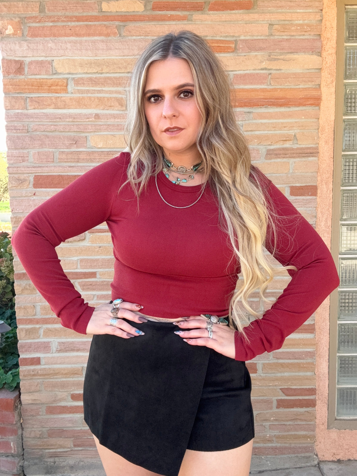 Wine Color Long Sleeve Crew Neck Rib Seamless Top