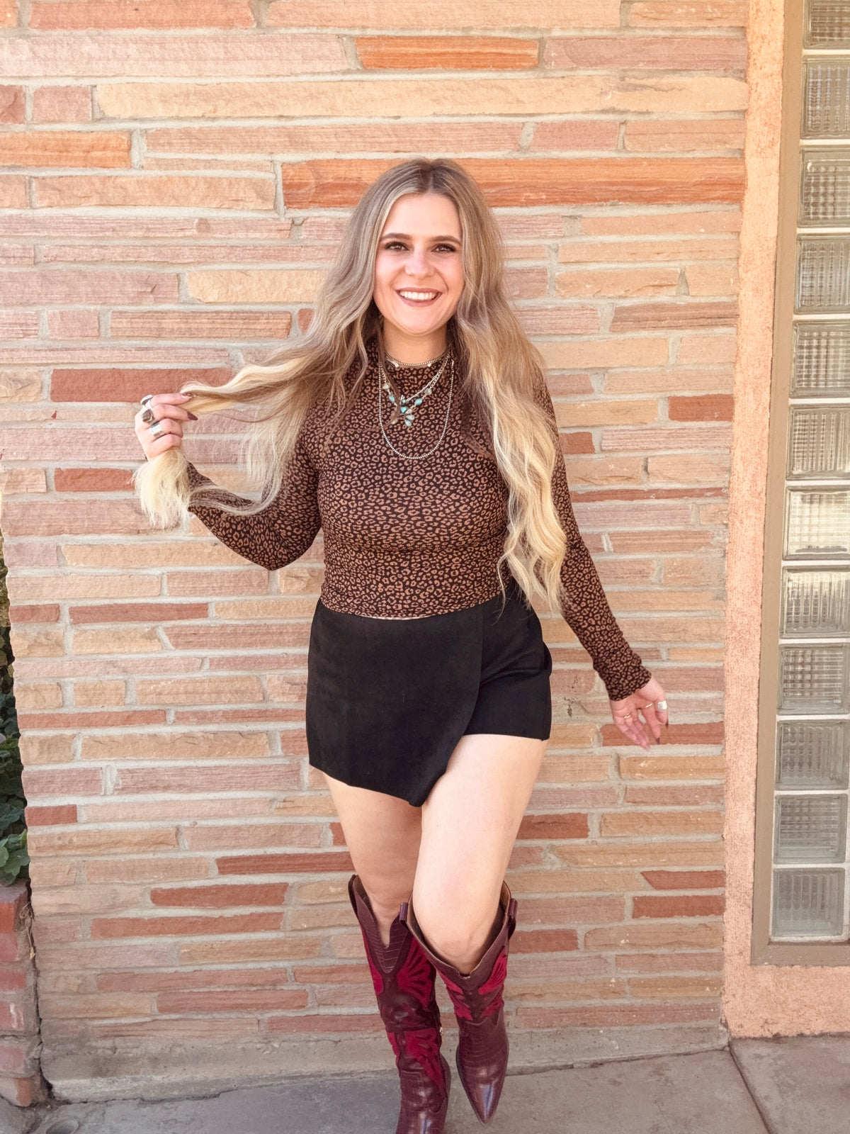 Long Sleeve High Neck Leopard Print Knit Top