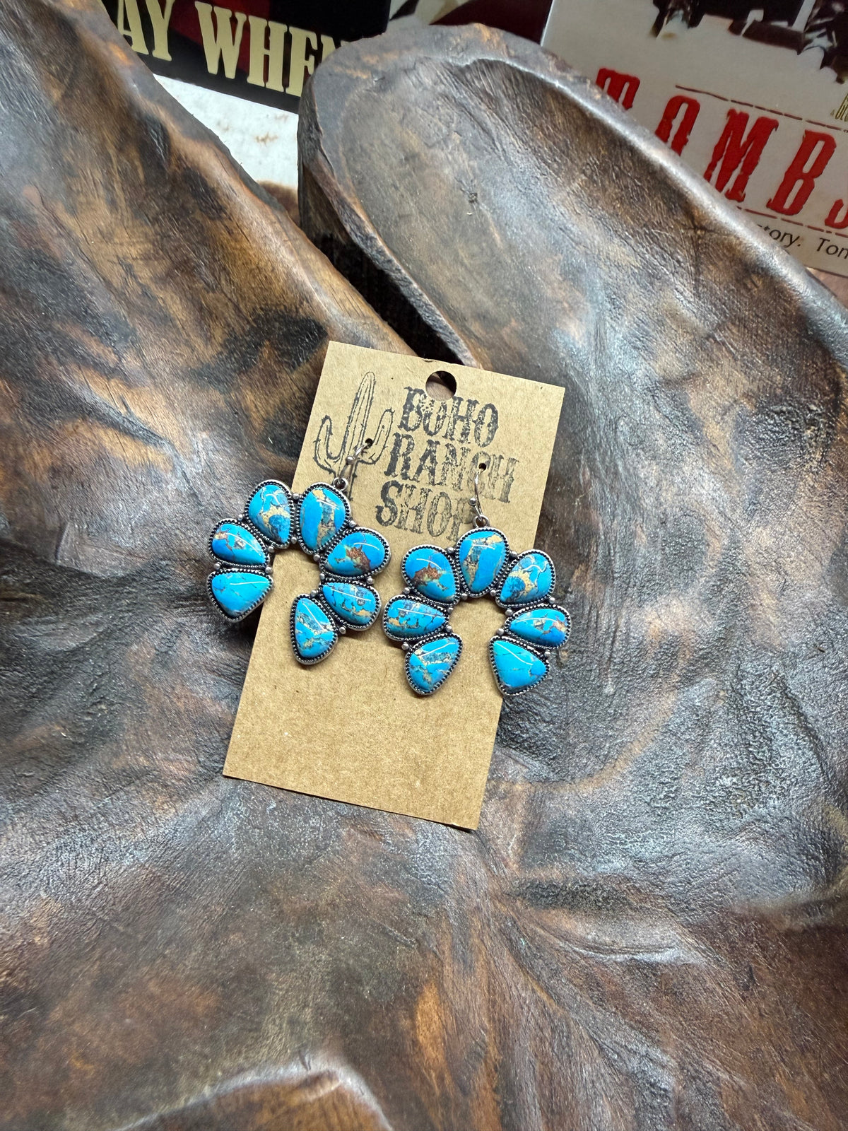 Squash Blossom Faux Turquoise Stone Dangle Earrings