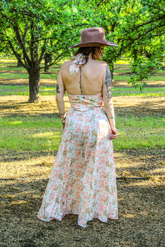 Floral Horse Printed Halter Neck Tie Dress