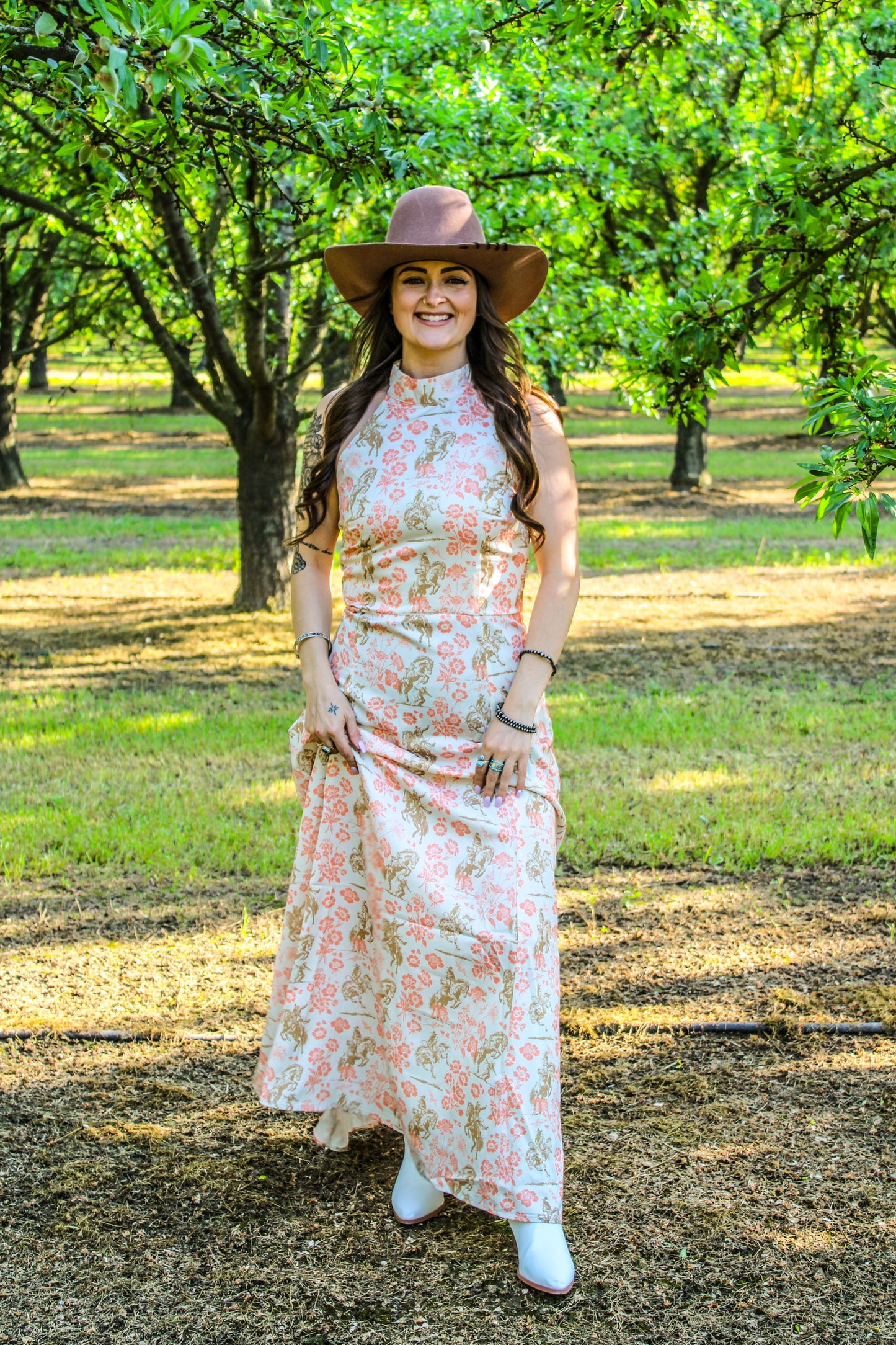 Floral Horse Printed Halter Neck Tie Dress