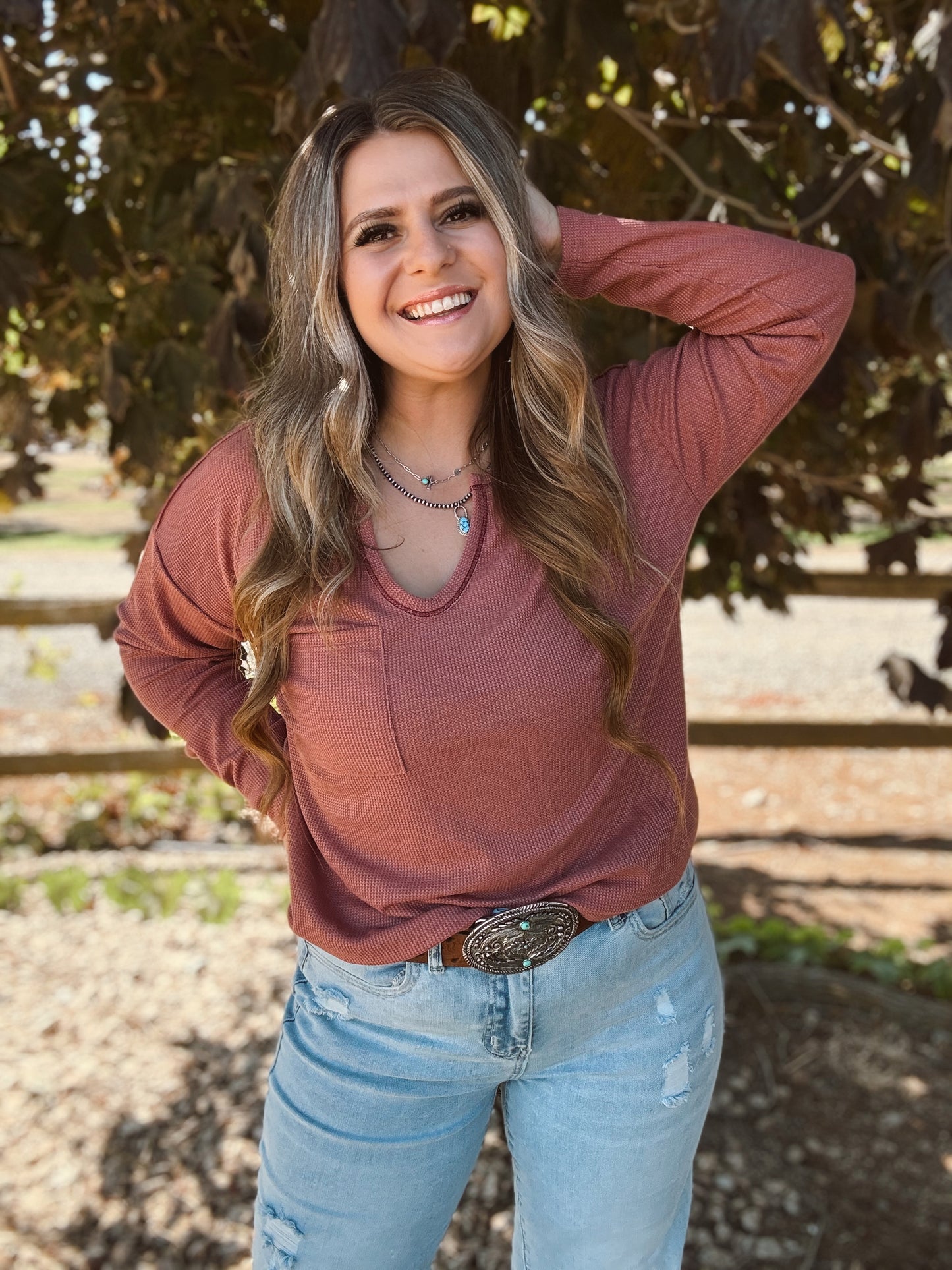 Marsala Thermal Round V Neck Long Sleeve